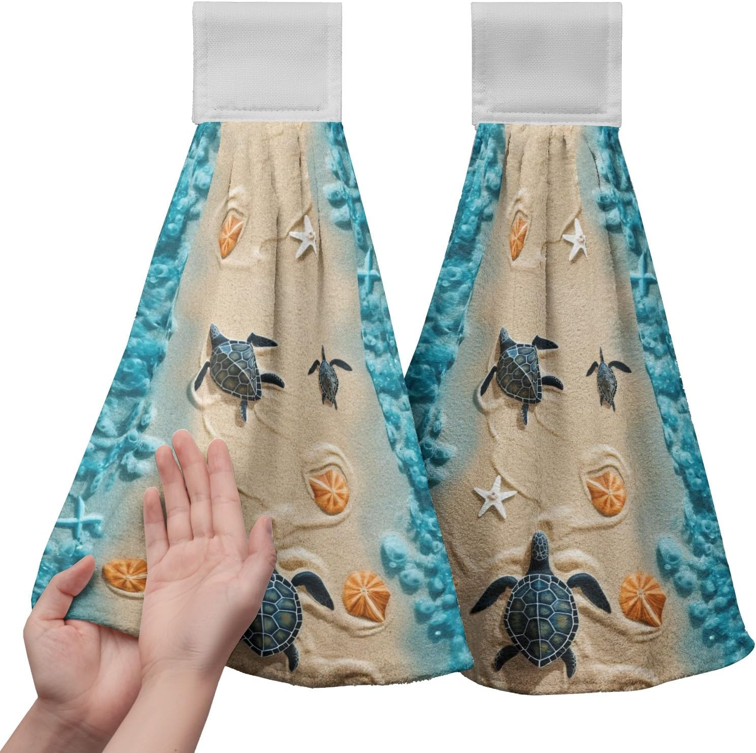 Cneztholim Sea Turtle Hanging Kitchen Towels Set of 2 Summer Ocean Turtle Hand Towel with Loop Coastal Tortoise Sailboats Hanging Dish Towels Absorbent Tie Towel for Bath Kitchen Home