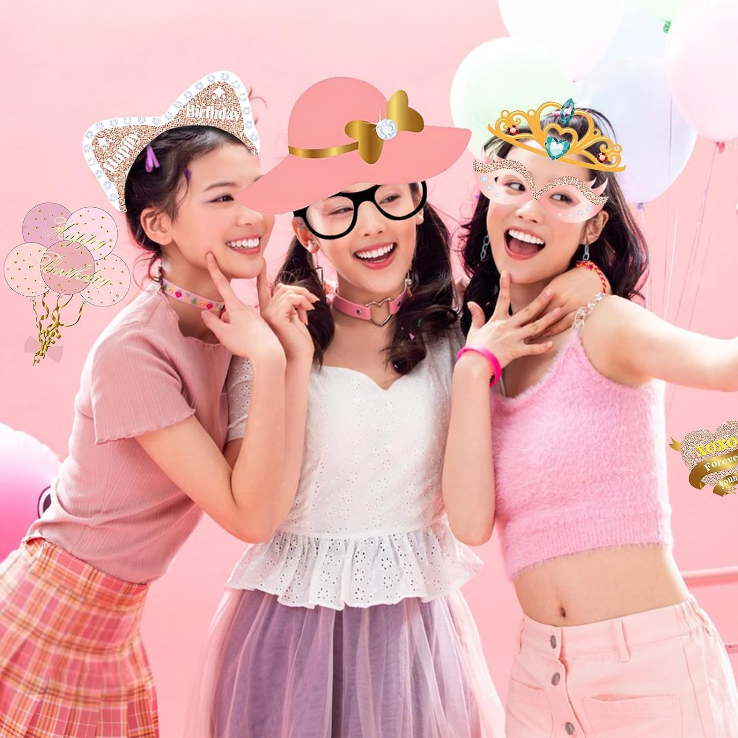 Rose Gold Birthday Party Props - 34Pcs Glitter Photo Props with Lips, Crowns, Flowers, Lipsticks image number 1