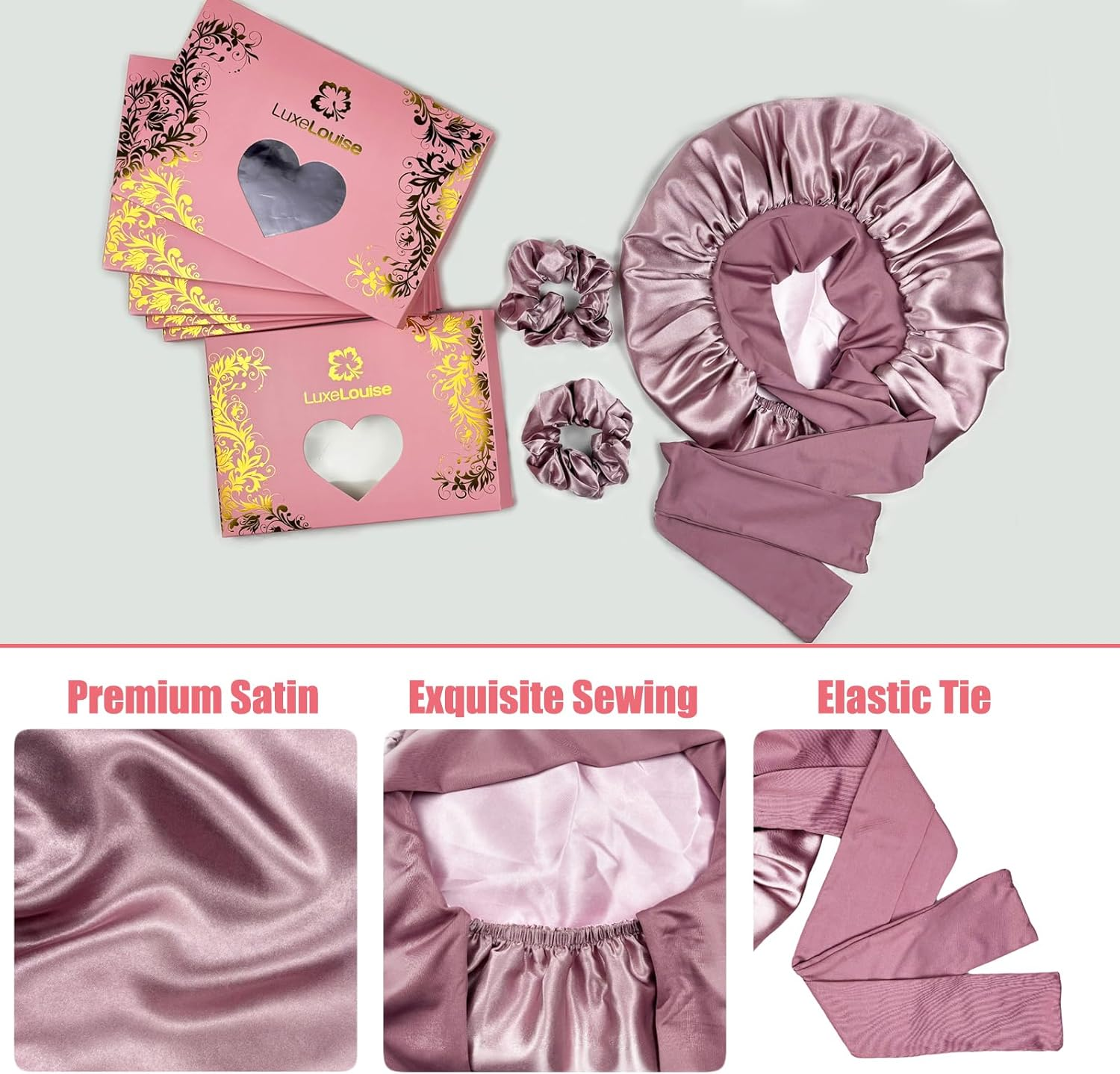 Luxelouise Satin Bonnet for Sleeping Silk Hair Bonnet for Sleeping Women Double Layer Silk Hair Wrap Sleep Bonet Satin Bonnets for Curly Hair and Braids (Cameo Pink) image number 3