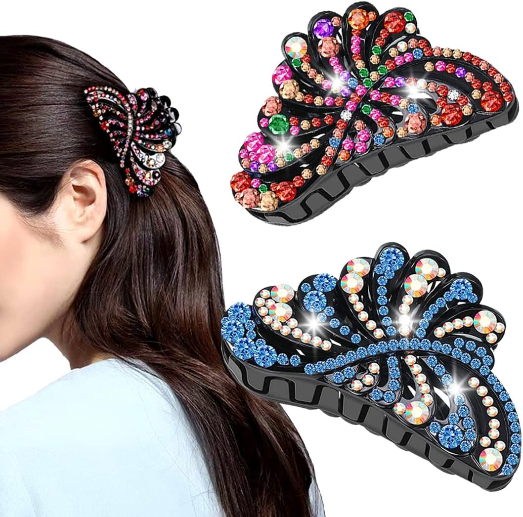 Yusier 6PCS Sparkly Rhinestone Braided Hair Clips Small Flower Hair Accessories Hair Design for Girls and Women Braided Duckbill Hair Clip with Crystal