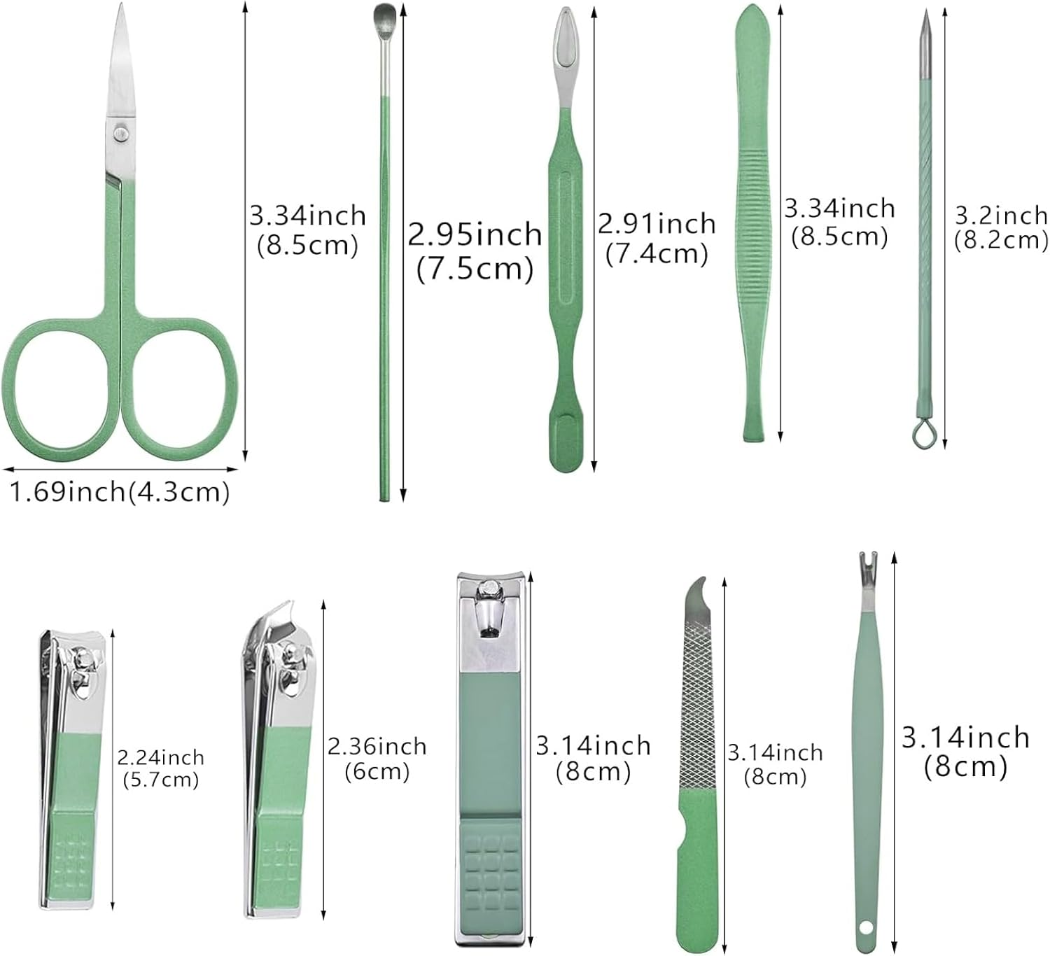 Manicure Pedicure Kit 10 in 1 Stainless Steel Nail Clippers Travel Essentials Portable Nail Care Set with Zippered Case（Green）