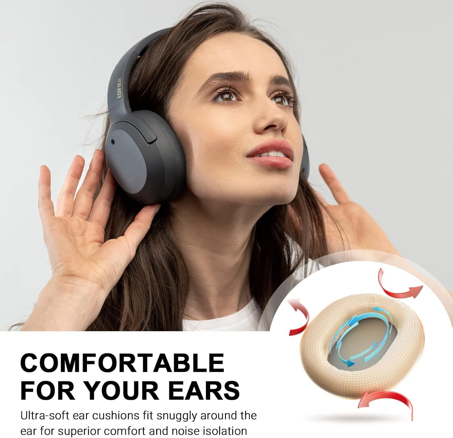 Edifier W820NB plus Active Noise Cancelling Headphones, Wireless Over-Ear Earphones with Hi-Res Sound, 49H Playtime, Bluetooth Headsets with Comfortable Fit, Preset EQ Selection via App, Grey image number 7