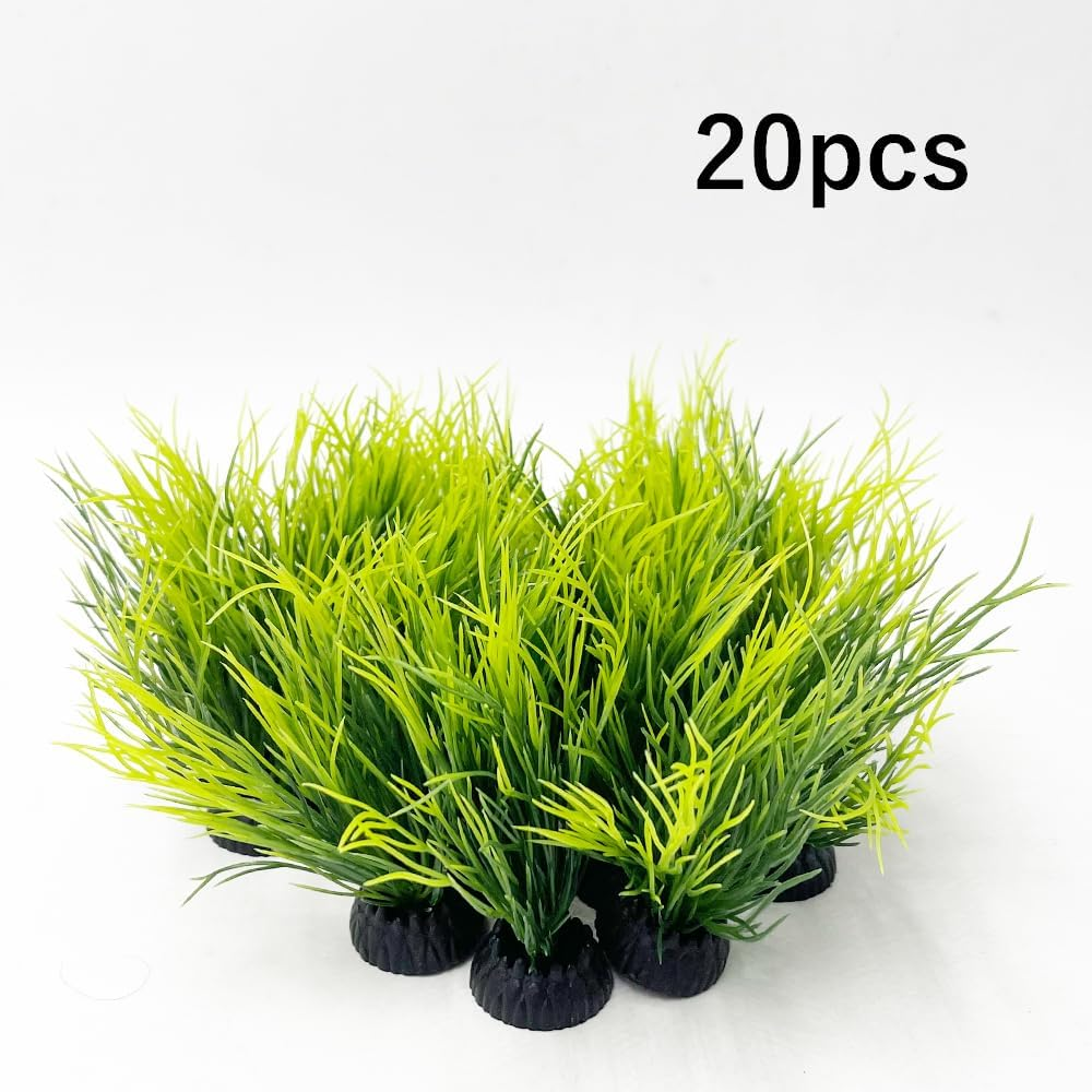 Smoothedo-Pets Aquarium Plants Fish Tank Decorations 20Pcs Small Size/1Inch Tall Plastic Artificial Plant Goldfish Waterscape Fish Hides Mini Grass Set (Green-Dark)