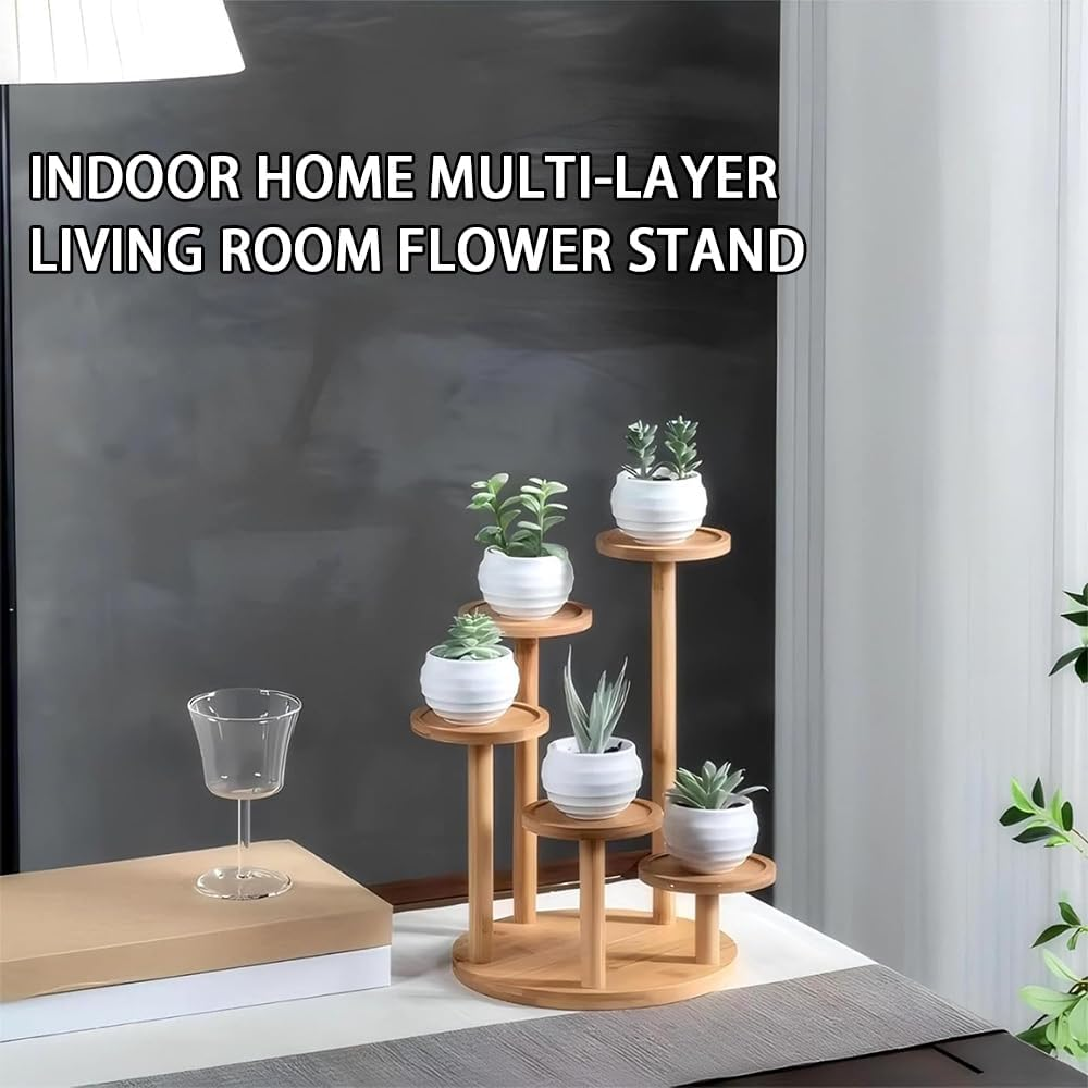 5-Tier Wooden Plant Stand &ndash; Tall round Bamboo & Wood Shelf Rack for Indoor/Outdoor Use, Multi-Tier Desktop Plant Holder for Living Room, Balcony, Patio, Garden, Office Decoration