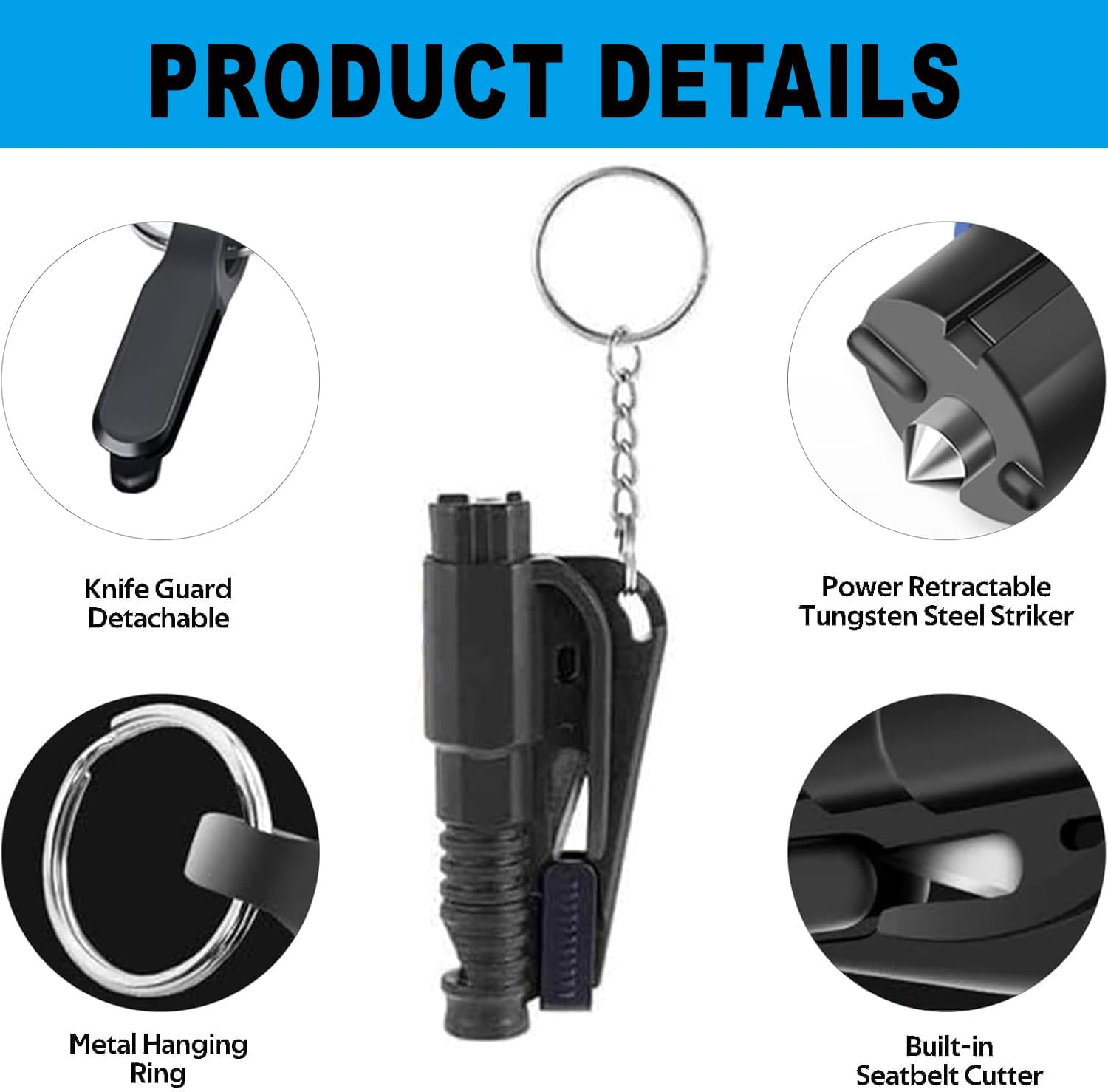 BEANPRECOY 4-Pack 3-In-1 Car Window Breaker Seatbelt Cutter Keychain, Emergency Window Glass Breaker Tool for Car, Family Safety, Road Trips & Daily Commute Black image number 5