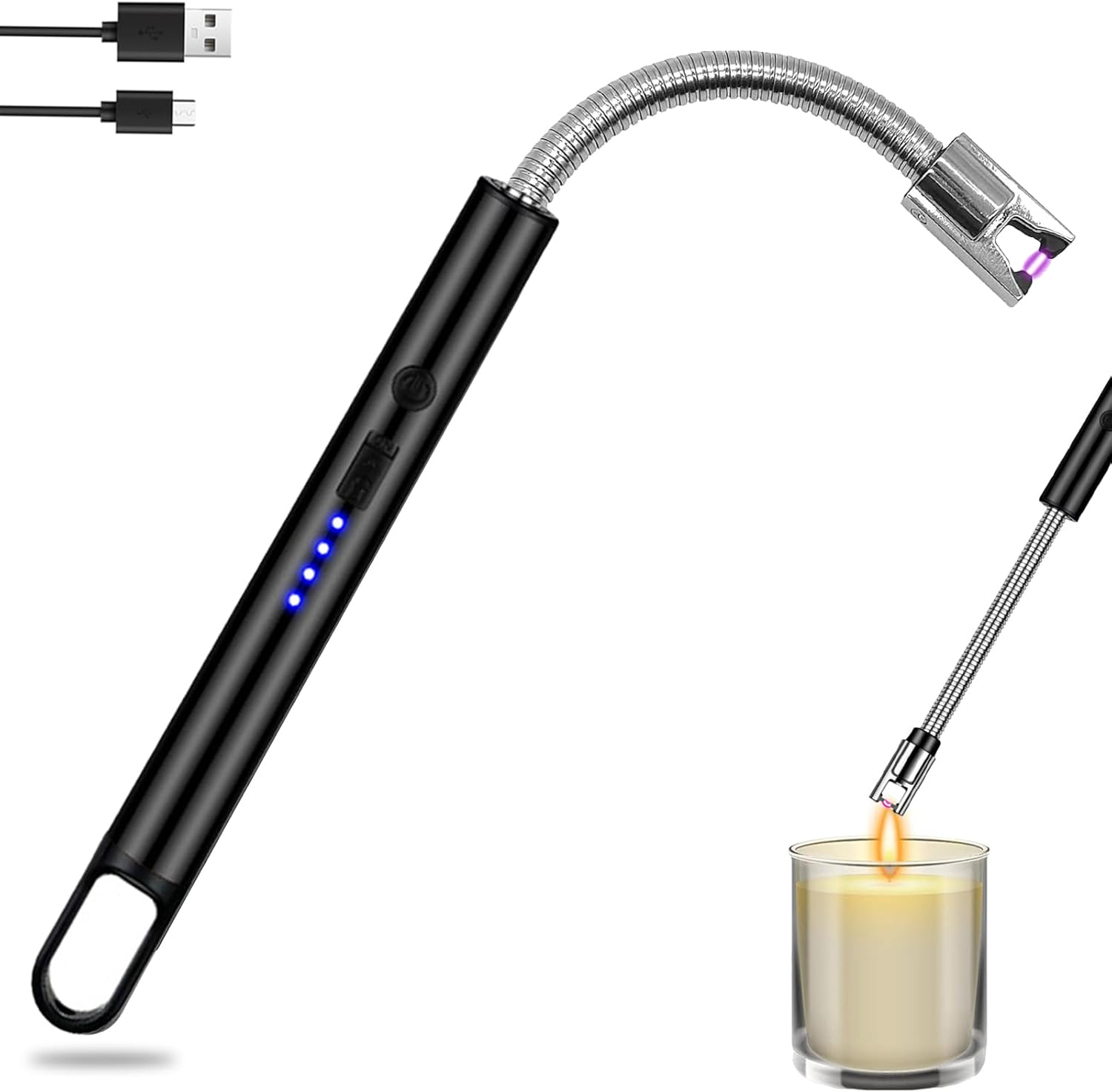 Electric Candle Lighter: USB Rechargeable Windproof Flameless with 360&deg; Flexible Neck & LED Power Display Long Lighter for Women Men as Birthday Gifts, Rose Gold