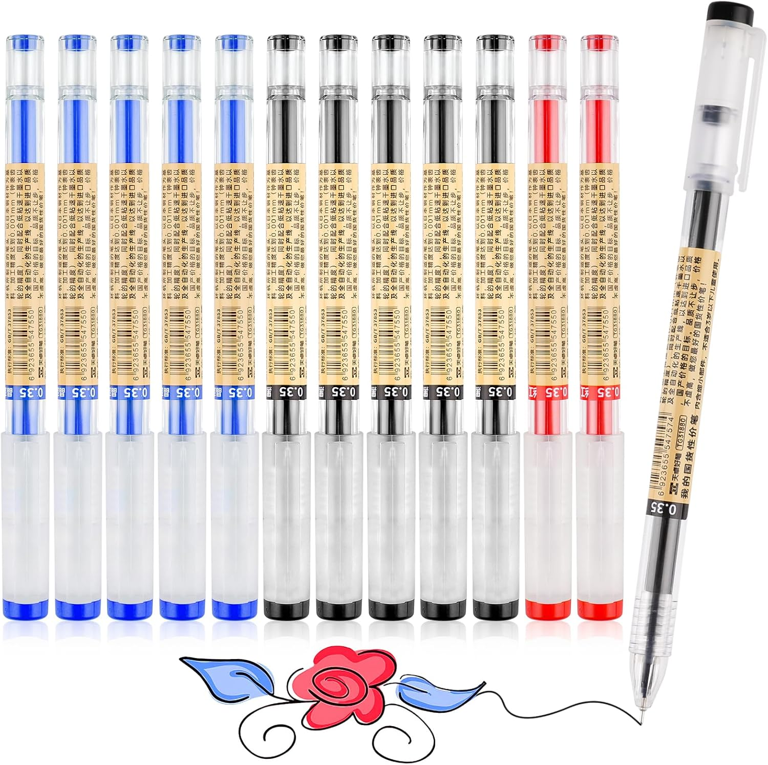 12 Pcs Gel Pens Black, Rollerball Pens, Smooth Writing Pens, Ink Pen for Writing, Liquid Ink Rollerball Pens, Pens Multipack, Handwriting Pens for School Kids Adult - 0.35Mm