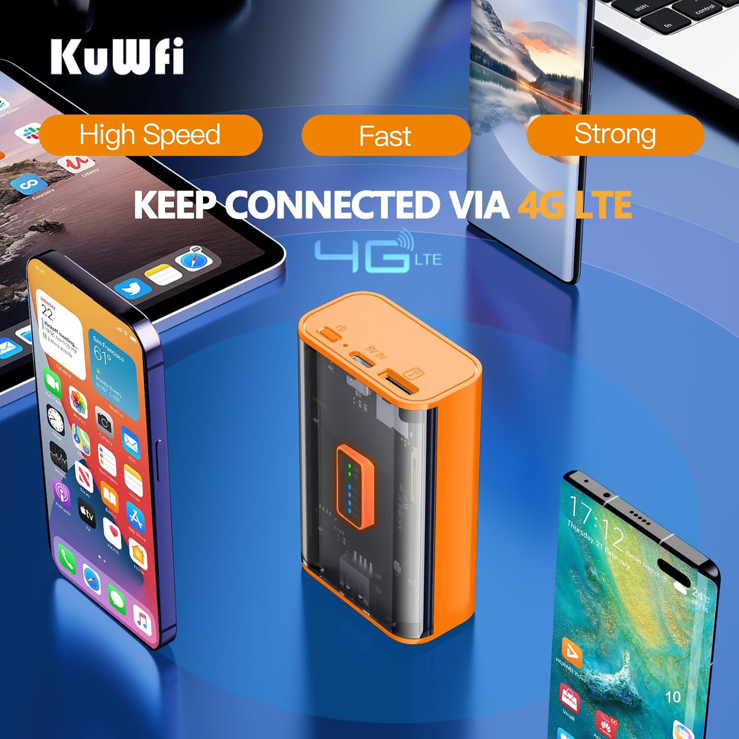 Kuwfi 4G LTE Mobile Router,Cat4 up To150Mbps Wifi Router Portable,Mc8 Router 4G LTE with 5200Mah Battery,Support 3G/4G SIM Card Unlocked,Hotspot Wifi Connect up to 10 User&hellip; image number 1