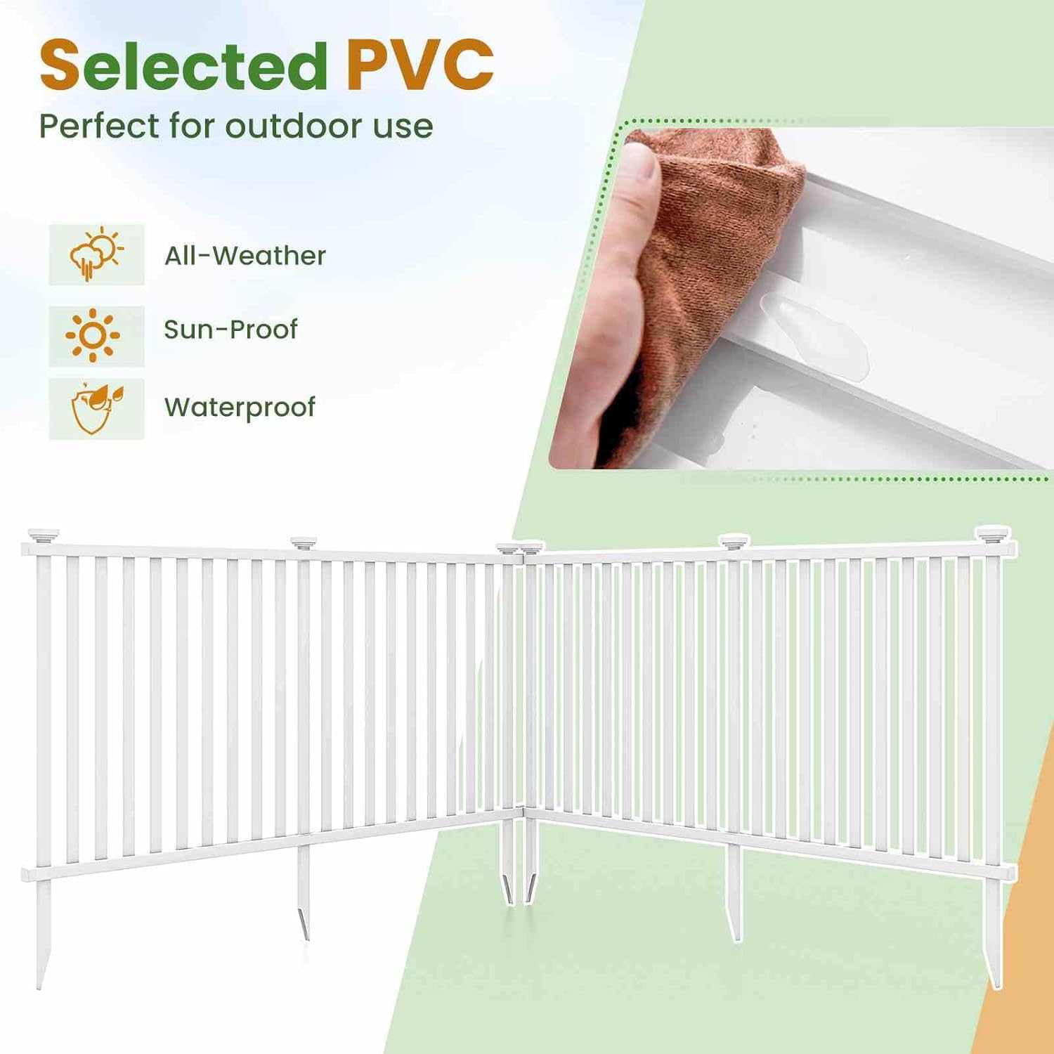 Costway Picket Fence, 2M L X 1.3M H Decorative Fence, 2 No Dig Fence Panels for Soft Ground, Garden Fencing for Pool, Yard & Porch, White (Pack of 2) image number 4