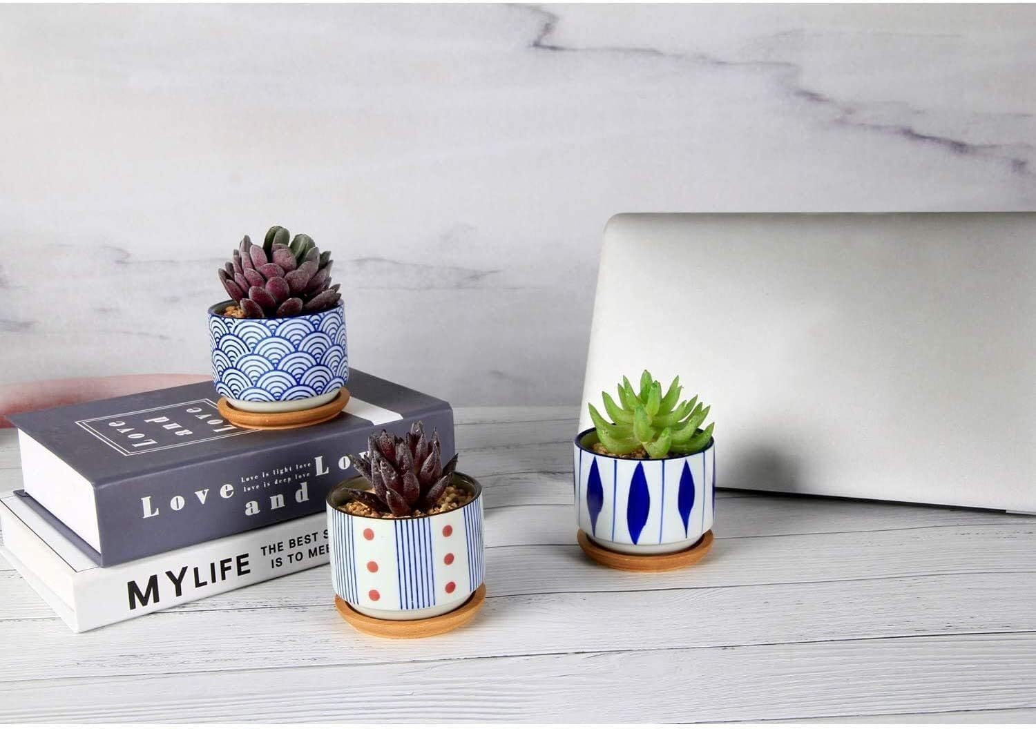 Succulent Planter Pots with Bamboo Tray Set of 3, 3 Inch Ceramic Pots for Plants, Japanese Style Planter, Plant Lover for Women Wife Mom Aunt, Cute Home Office Decoration image number 5