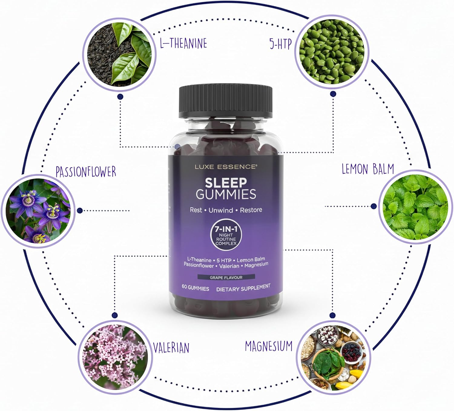 Sleep Gummies | Calming Blend with L-Theanine, 5-HTP, Lemon Balm, Passionflower, Valerian & Magnesium | Night-Time Relaxation Support | 60 Gummies image number 5