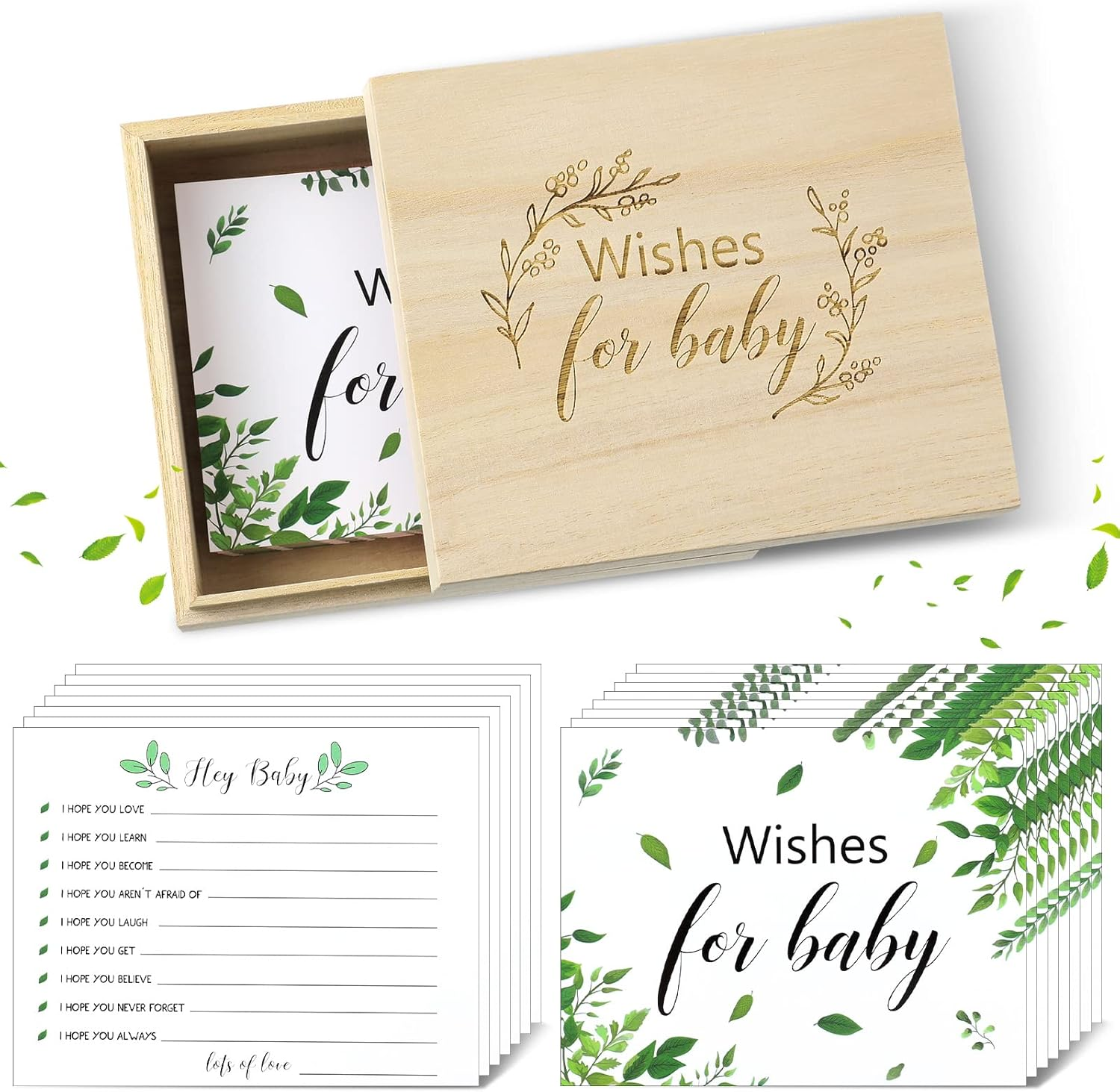 50 Pcs Botanical Baby Shower Advice Cards with Wooden Keepsake Box, Greenery Wishes Card for Baby Shower Double Sided Advice and Wishes Cards for New Parents Boys Girls Showers Gender Reveal Decor image number 5