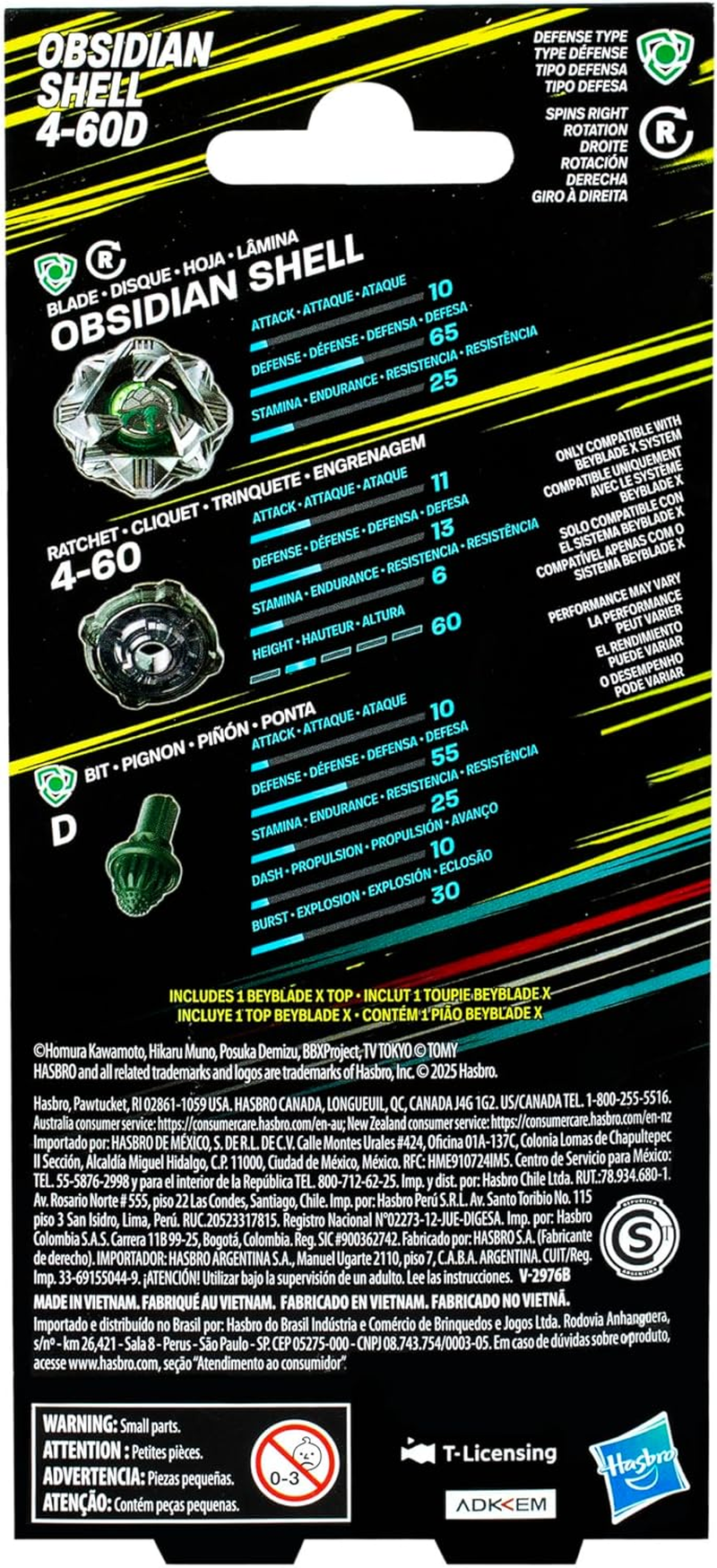 Beyblade X Obsidian Shell 4-60D Booster Pack Set with Defense Type Top; Authentic Takara Tomy Battle Tops Games/Toys for Boys and Girls 8+