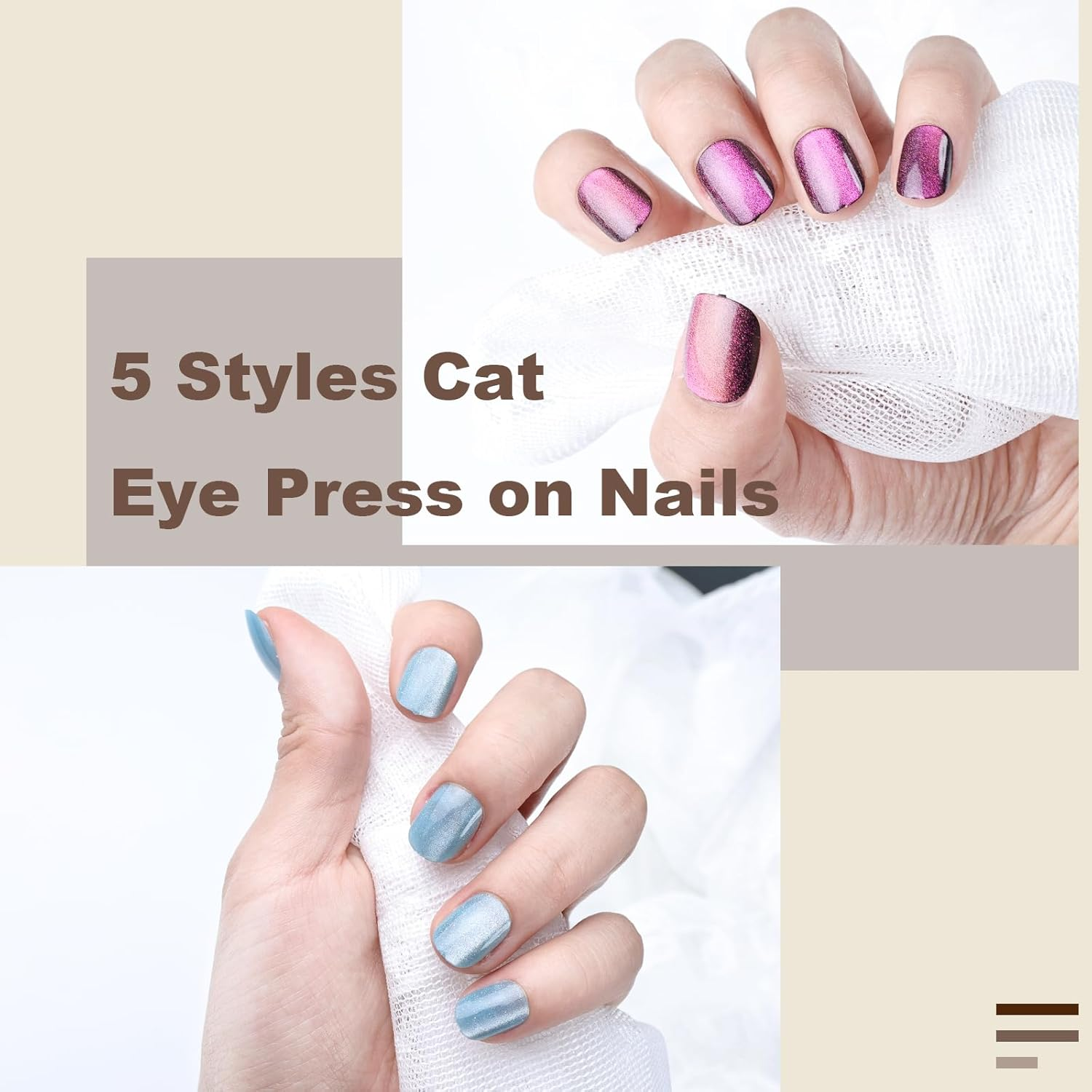 150 Pcs Cat Eye Press on Nails Short 5 Styles round Square Fake Nail Tip Kit Glitter Acrylic Gel False Stick on Manicure DIY Natural for Women Girl - Mixed-4 image number 2