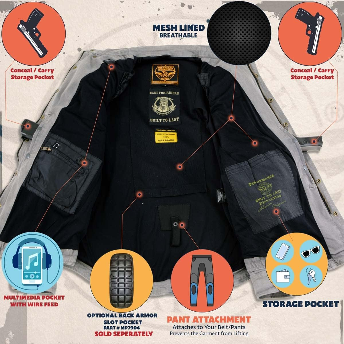 Milwaukee Leather MPM1621 Men'S Grey Flannel Biker Shirt with CE Approved Armor - Reinforced W/Aramid Fibers (US, Alpha, Medium, Regular, Regular, Grey)