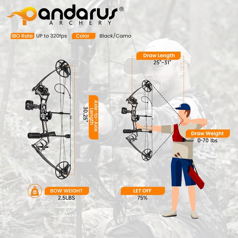 PANDARUS Archery Ready to Hunt Compound Bow Package for Adults and Teens,25"-31" Draw Length,0-70 Lbs Draw Weight Adjustable,Up to 320 Fps,Made in Usa,Lightweight Design New Bow - Black Right Handed image number 4