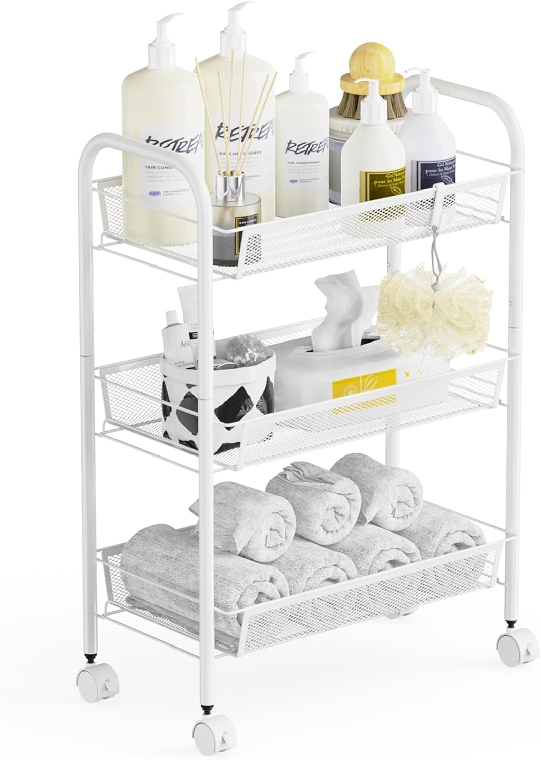 3-Tier Metal Storage Trolley, Rolling Cart, Mesh Storage Cart, Mobile Storage Trolley, Portable, Stable and Easy to Set Up, Bedroom Kitchen Bathroom Toilet Living Room Storage Cart, Metal, White