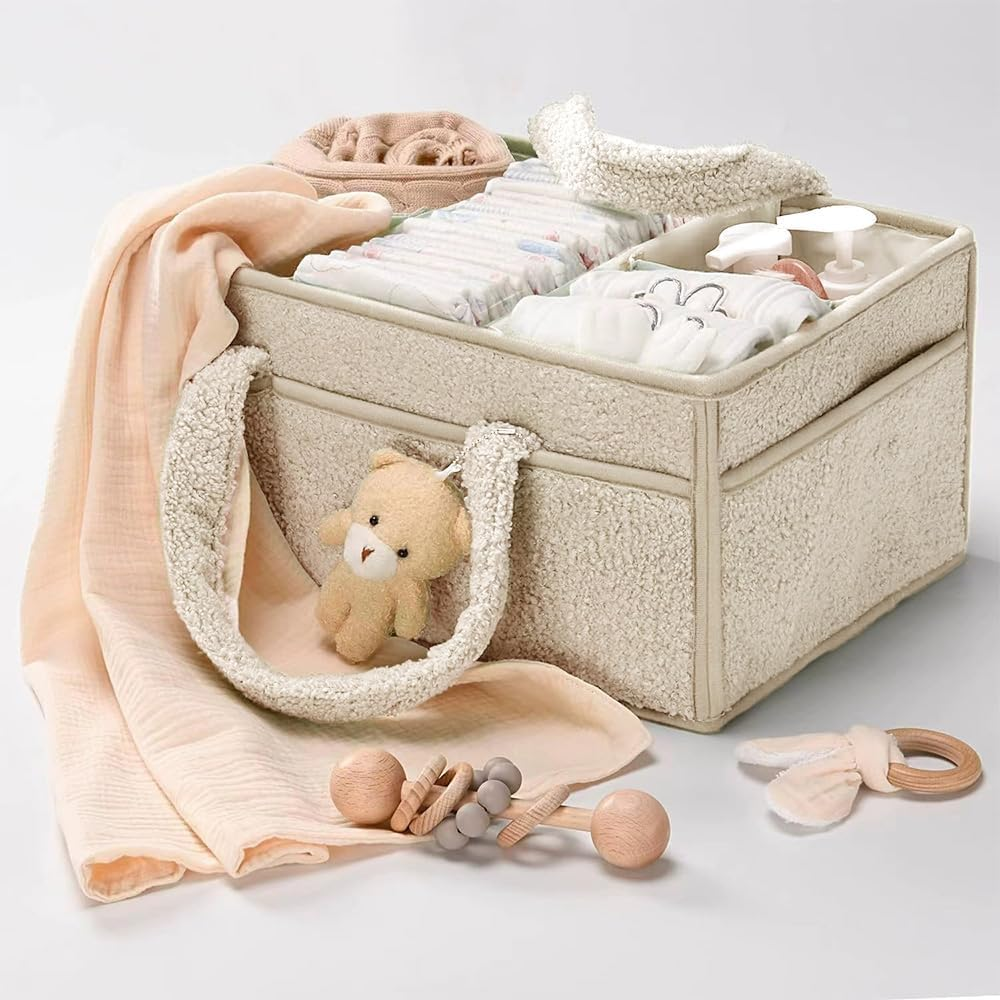 Baby Diaper Caddy Organizer,Nappy Storage Basket for Diapers and Wipes,With Bear, Portable Nursery Car Diaper Organizer image number 3
