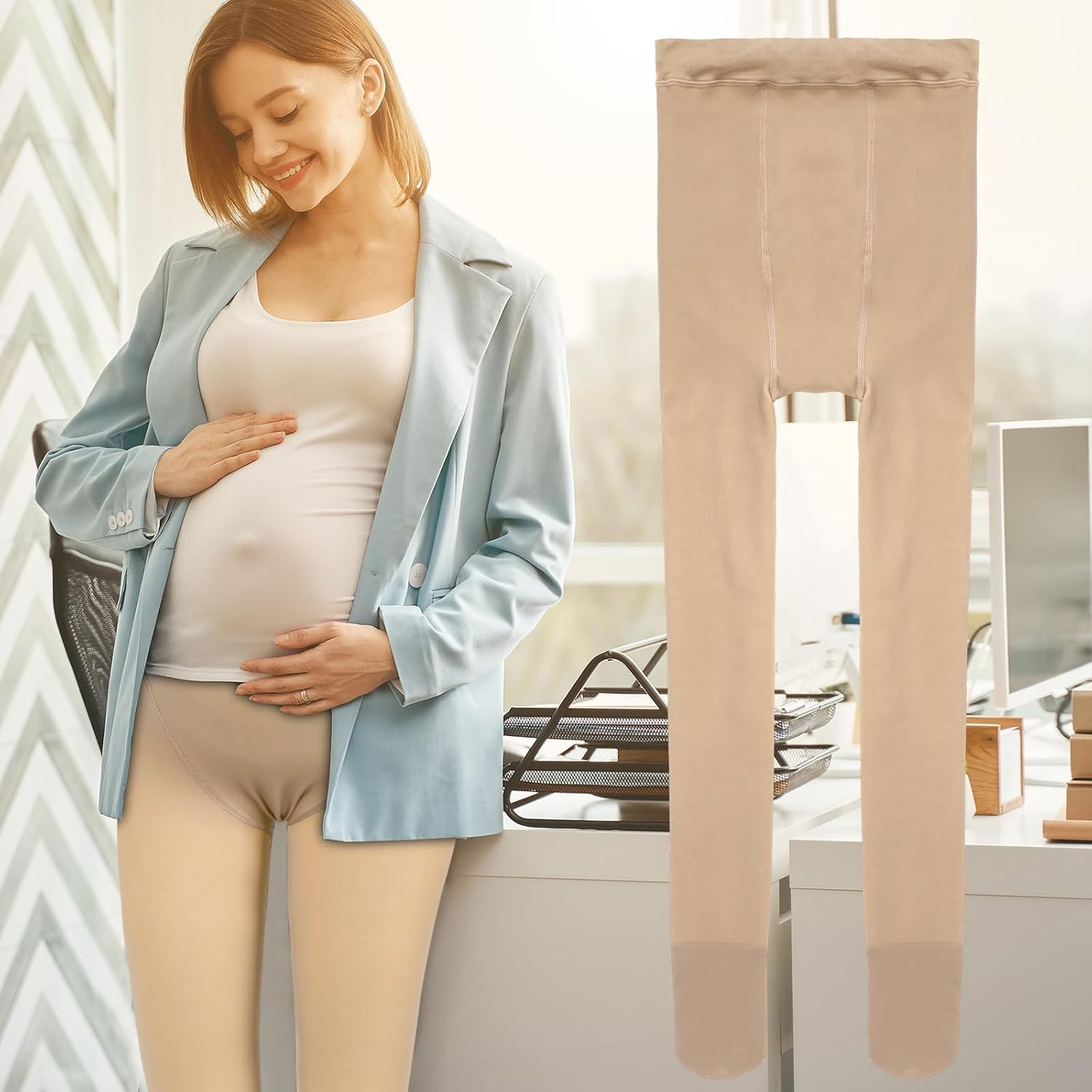 Bonuci 2 Pcs Women Maternity Pantyhose Winter Fleece Lined Tights High Waist Maternity Tights Stretchy Pregnancy Warm Tights image number 3