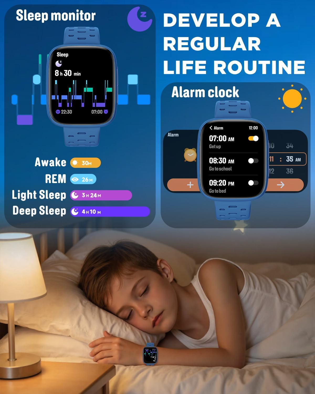 BIGGERFIVE Kids Watch No Phone Needed, 1.8" Amoled Smart Fitness Watch Pedometer, Sleep Tracker, 30M Waterproof, Step Counter, Puzzle Games, 100+ Dials, Gifts for Boys Girls 5-16, Blue image number 1