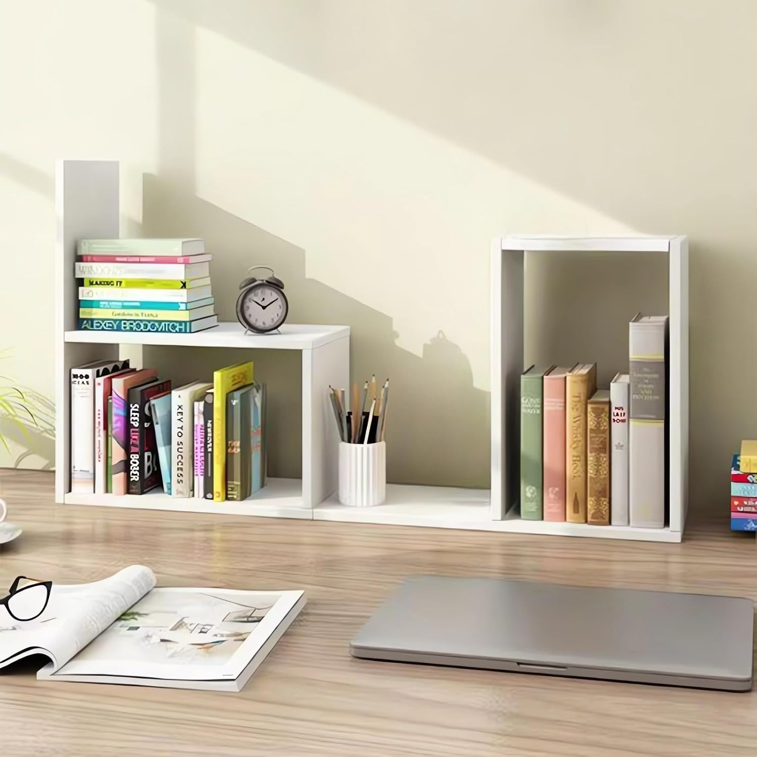 Desktop Wooden Bookshelf Organiser, Wood Bookcase, 3-Tier Storage Shelf for Books and Office Supplies A208 (A Coffee) - A Coffee image number 3