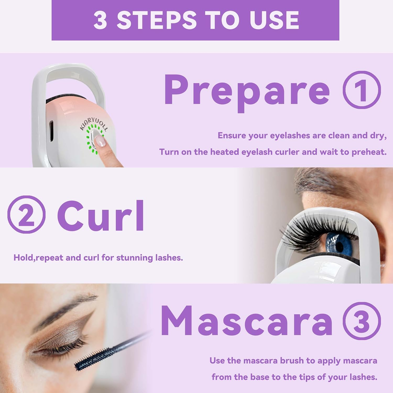 Electric Heated Eyelash Curler Kit Hot Lash Therapy Professional Eyelash Tools Battery Powered Lash Lifter Rechargeable Clamp for Various Eye Types Plastic Material (Colour Purple) - White image number 4