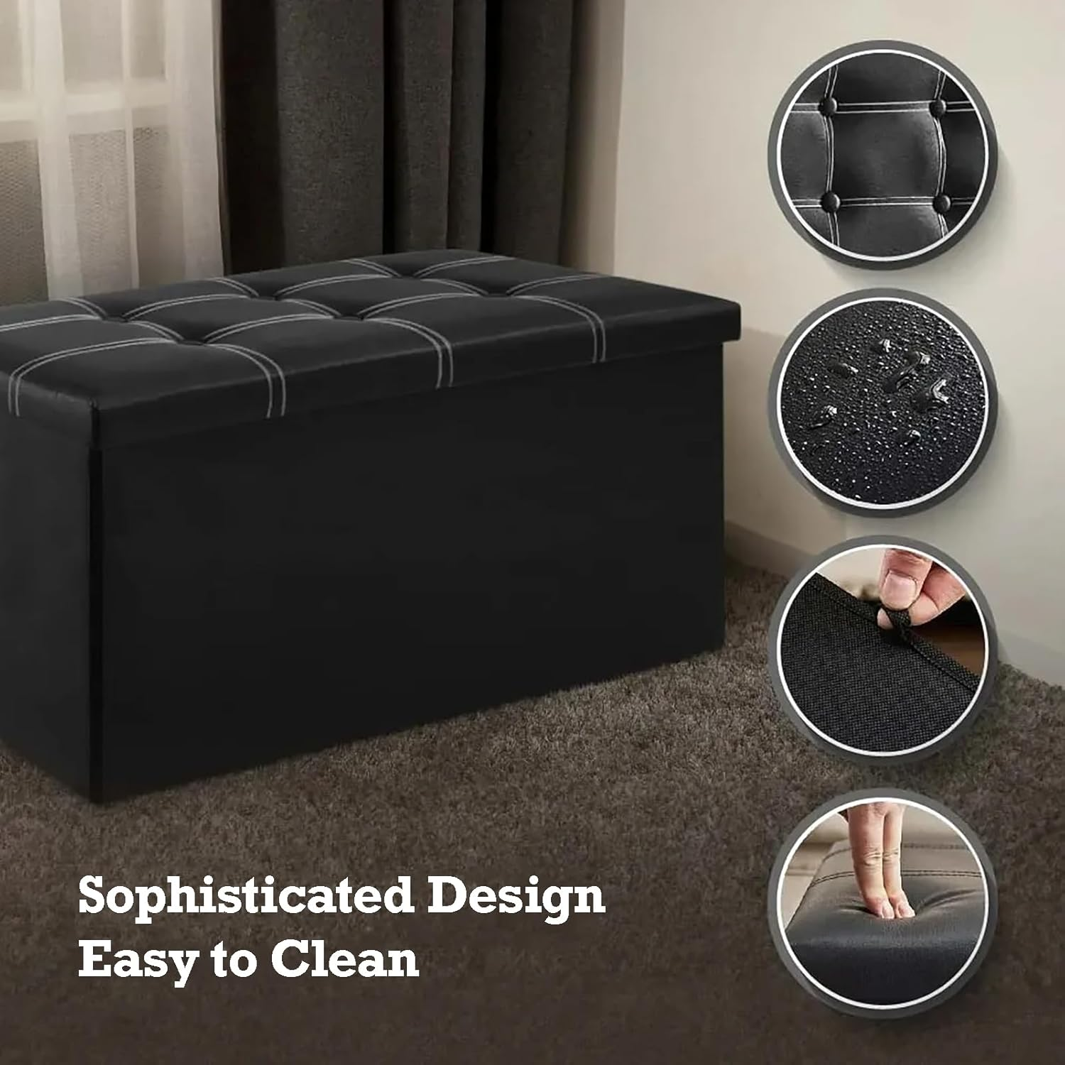 MEMOCASTLE Folding Storage Ottoman: 38X76X38Cm Black Synthetic Leather - 110L Capacity, Quick Assembly for Living Room & Bedroom - Black image number 5