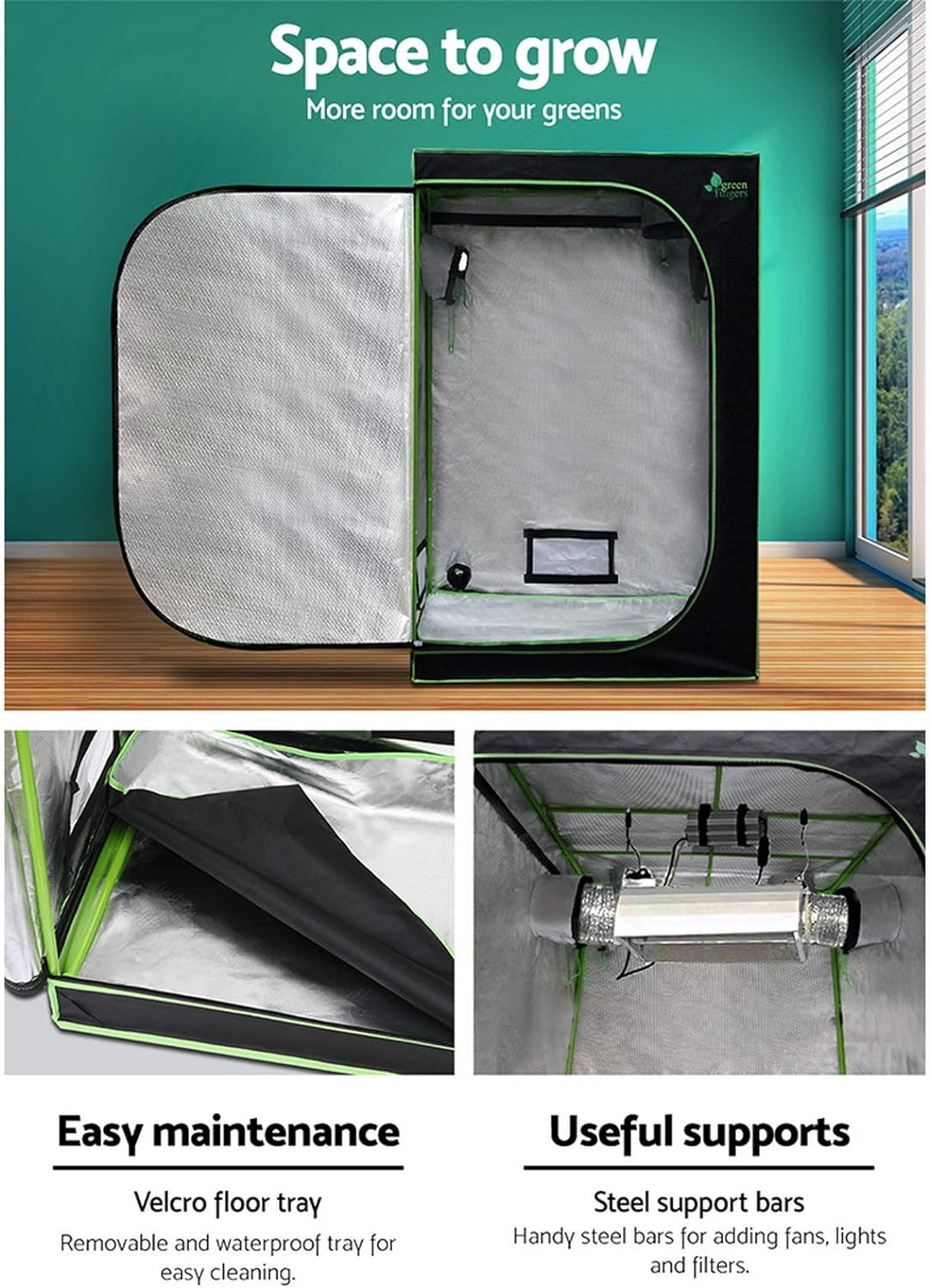 Green Fingers Grow Tent 90 X 50 X 160Cm Hydroponics Growing System Indoor Greenhouse Hydroponic Indoor Plant Kits,600D Oxford Cloth Black Exterior and Steel Frame Highly Reflective Inside image number 6