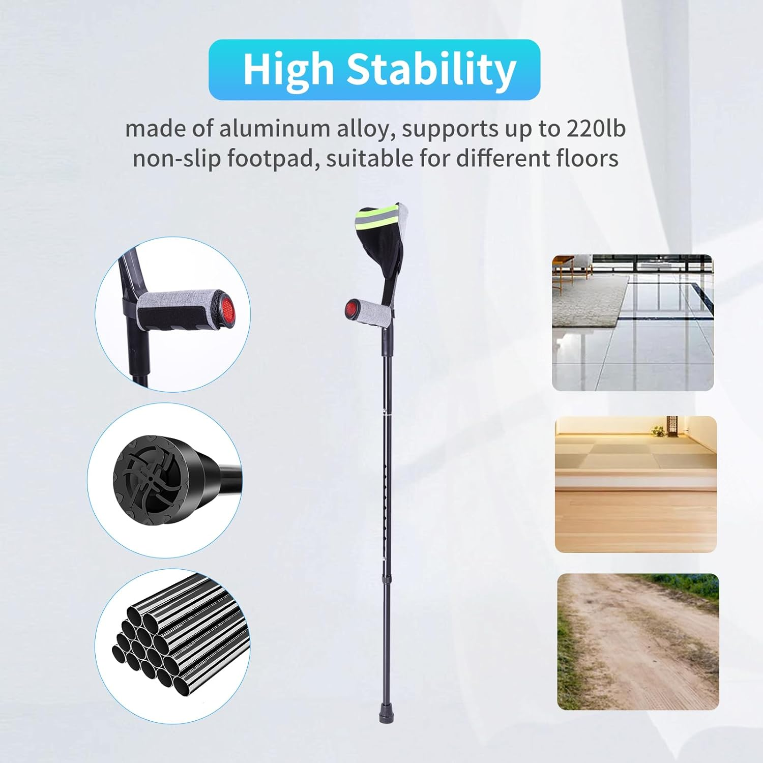 ENLUNTRA Forearm Crutches for Adults, 2 Pcs, Adjustable Arm Crutch with Elbow Strap and Cushion, Portable and Foldable Crutches, Grey Cushion image number 2