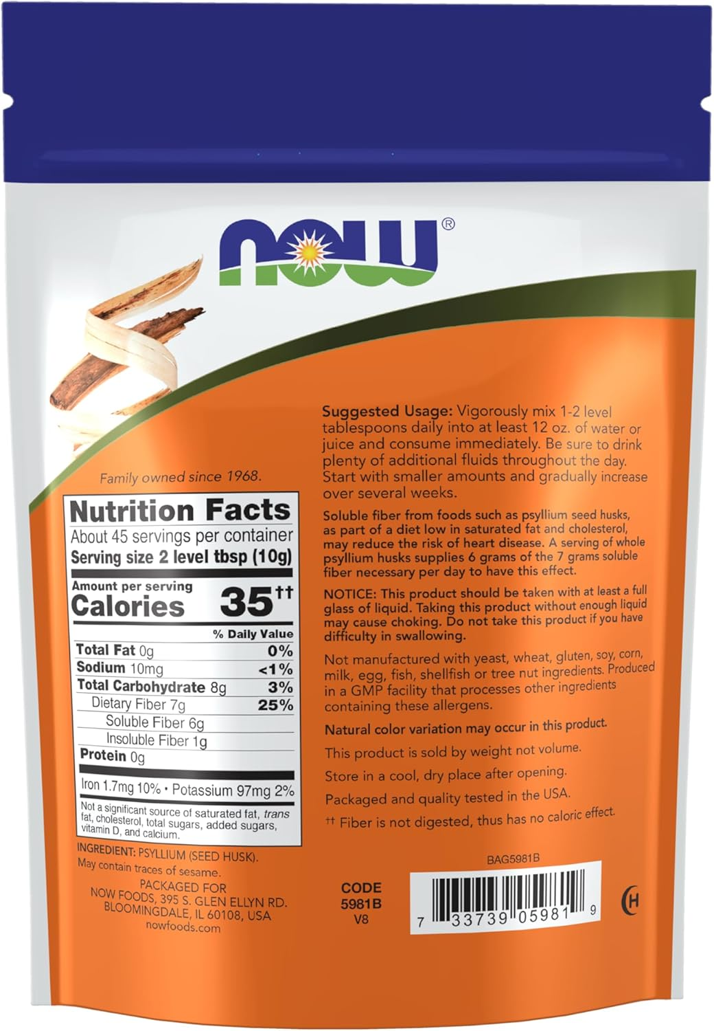 NOW Psyllium Husks Whole, 16-Ounce