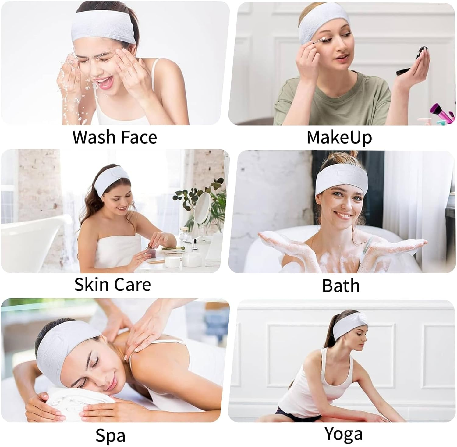 4 Pack Spa Facial Headband Head Wrap Makeup Hair Band Women Skincare Adjustable Headband Terry Cloth Stretch Towel for Bath, Makeup and Sport, with Magic Tape (White) - Gray image number 6