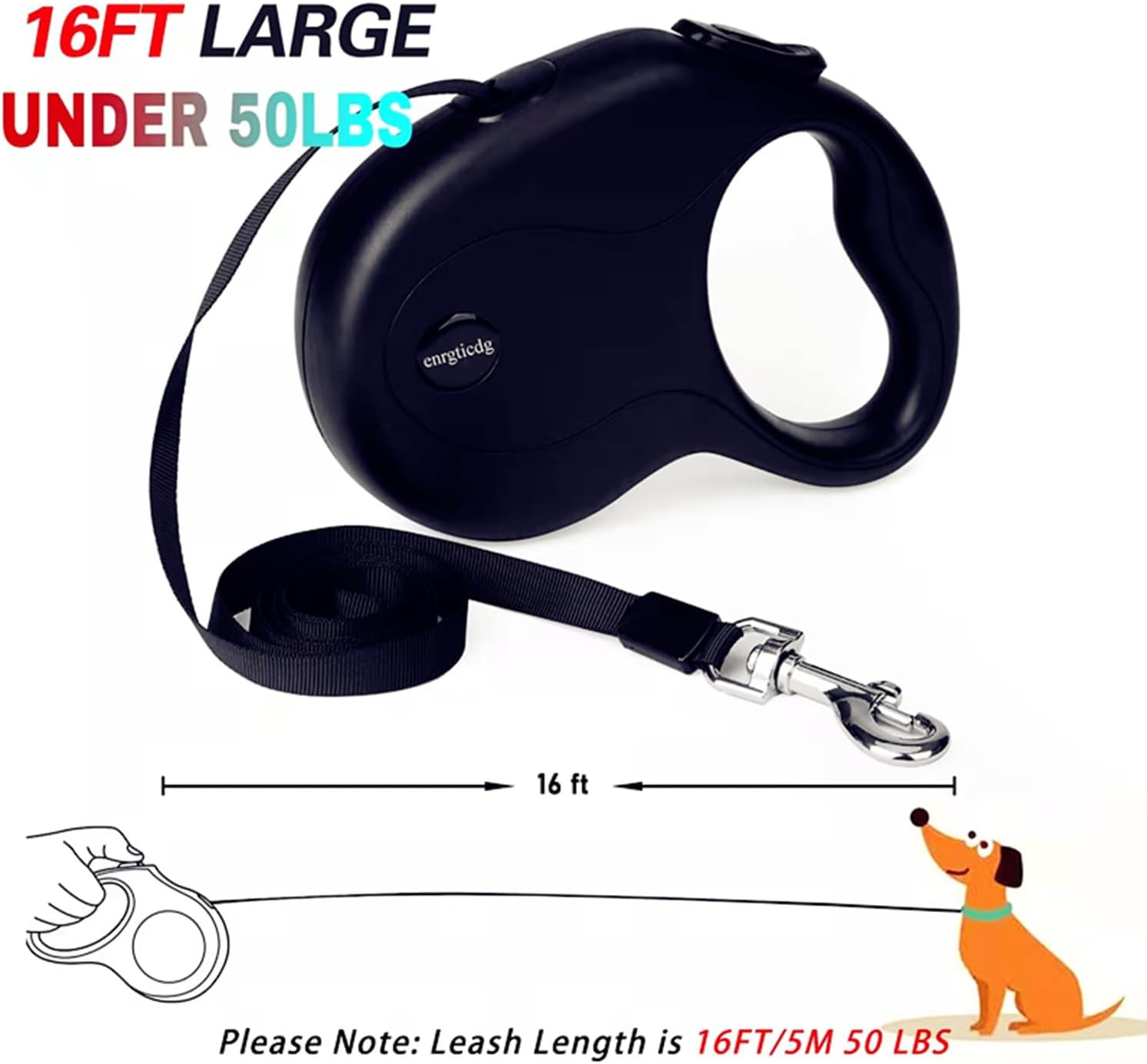 16Ft Retractable Dog Leash,Light Weight Leash for Small to Medium Dogs/Cats up to 50Lbs,Stainless Steel Spring Strong Nylon Tape, Tangle Free, One-Handed Brake.(Black) image number 6