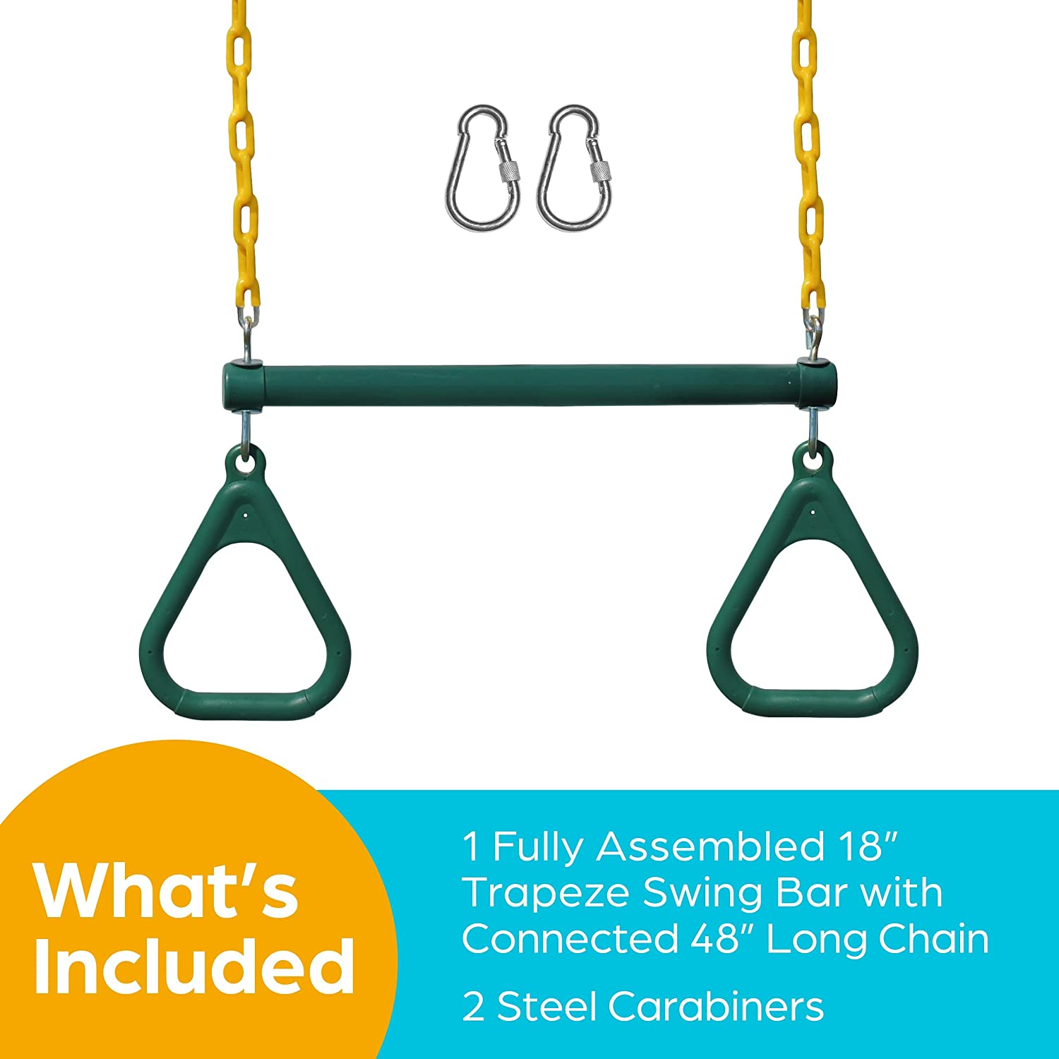 Jungle Gym Kingdom 18" Trapeze Swing Bar Rings 48" Heavy Duty Chain Swing Set Accessories & Locking Carabiners (Green) image number 2