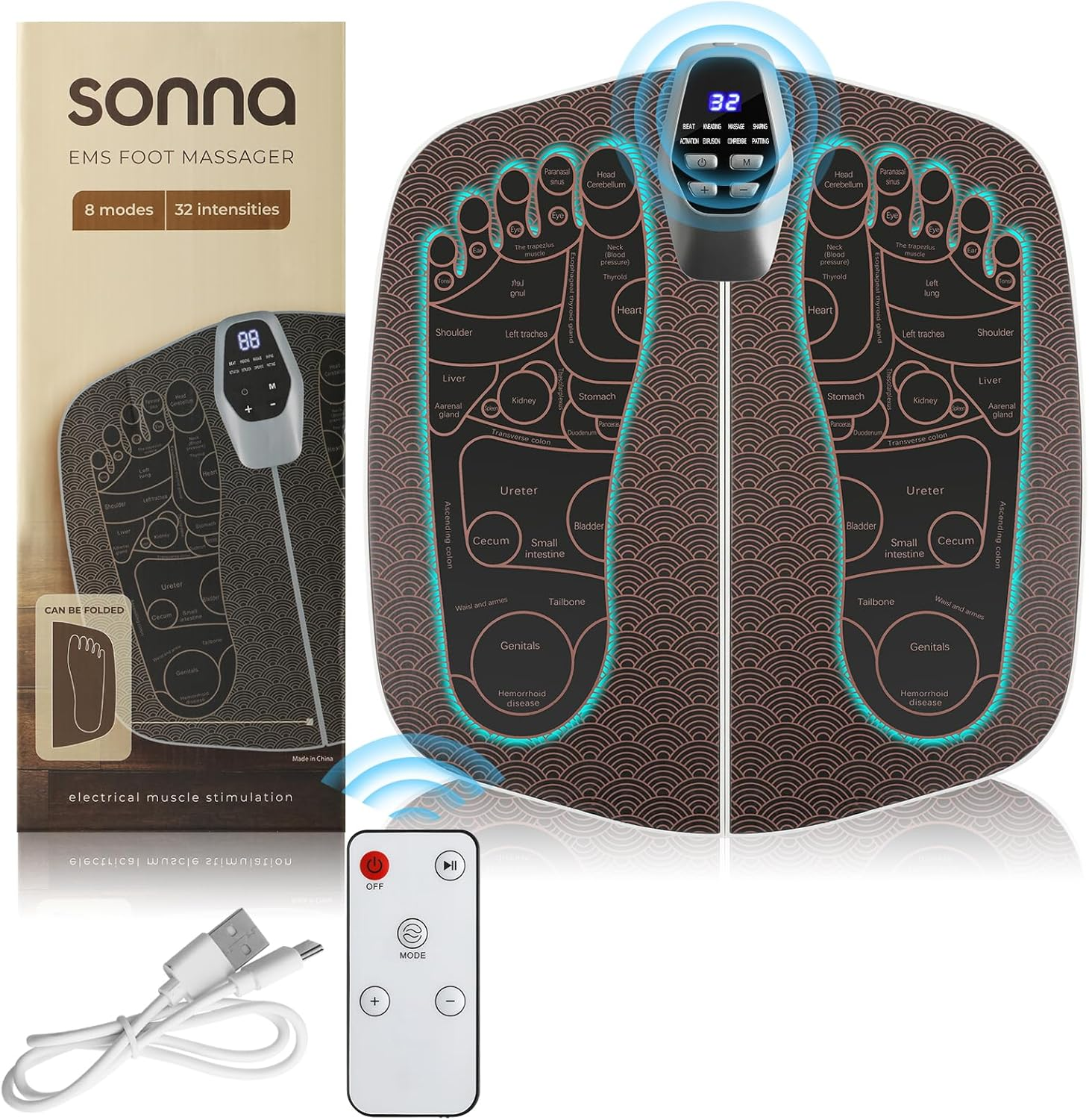 SNUYUERS Foot Massager Mat for Neuropathy,Ems Foot Massager for Circulation and Pain Relief, Foldable Feet and Calves Massage Machine with 8 Modes and 32 Intensity Levels for Muscle Relaxation image number 2