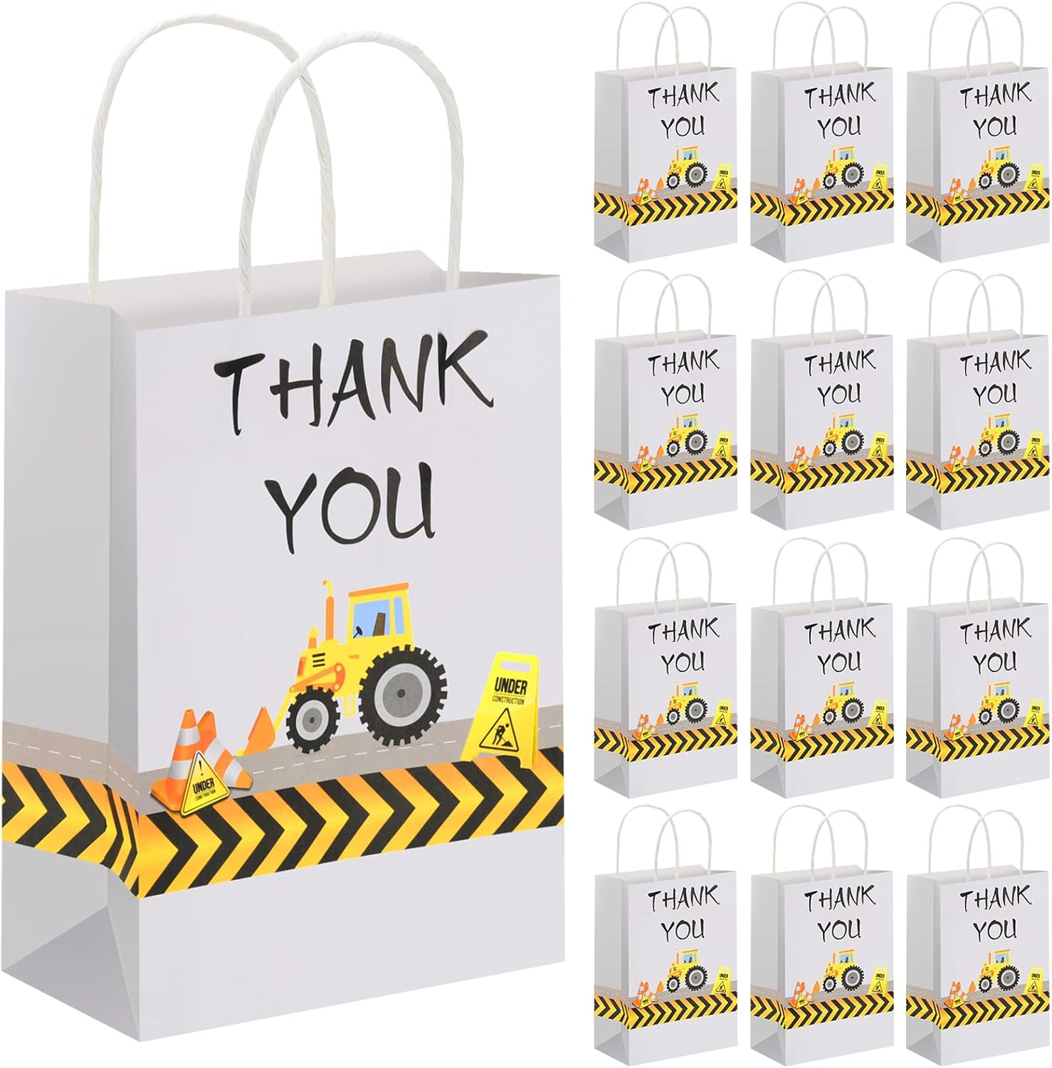 Outus 12 Pieces Construction Party Favors Bags Truck Themed Candy Goodie Bags for Birthday Themed Party Supplies Decorations, 8.3 X 6.3 X 3.1 Inches(White)