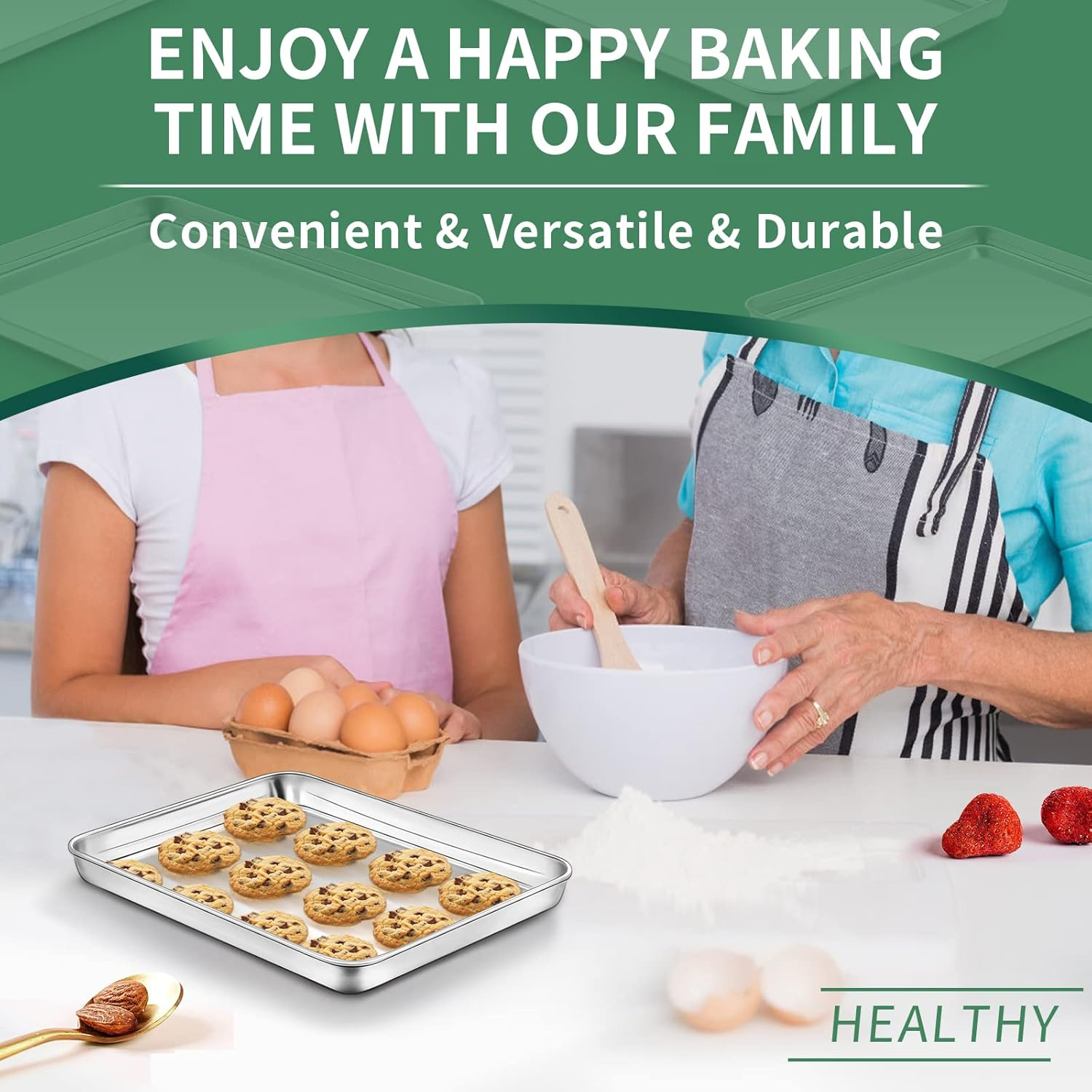 Baking Sheets Set of 2, HKJ Chef Cookie Sheets 2 Pieces & Stainless Steel Baking Pans & Toaster Oven Tray Pans, Rectangle Size 9L X 7W X 1H Inch & Non Toxic & Healthy & Easy Clean