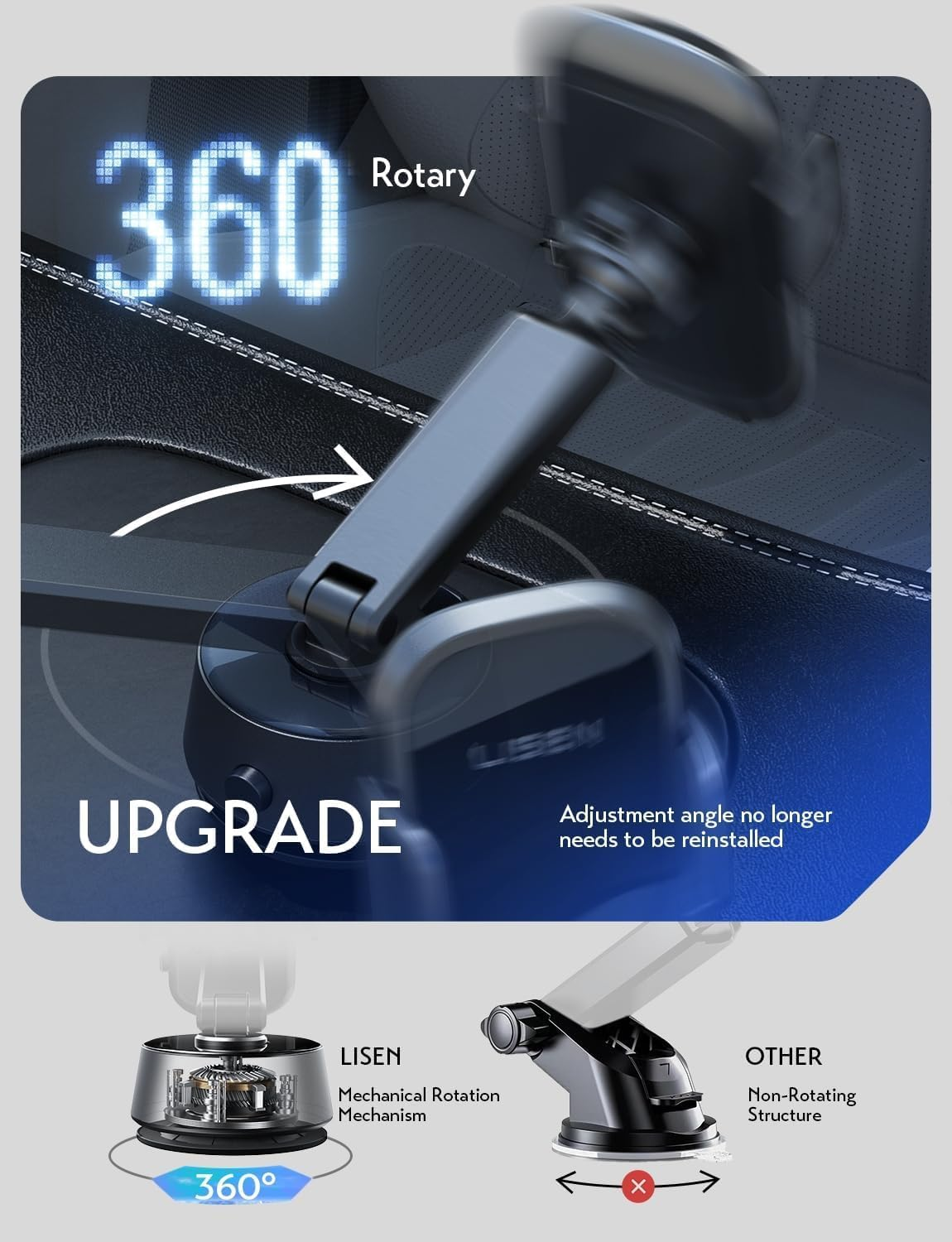 LISEN A680 Vacuum Car Phone Holder, 360&deg; Adjustable Electric Suction Phone Holder Mobile Phone Car Holder Vacuum Suction Cup Foldable for Iphone 17 Air 16 15 Pro Max Galaxy S25 Ultra, Black image number 4