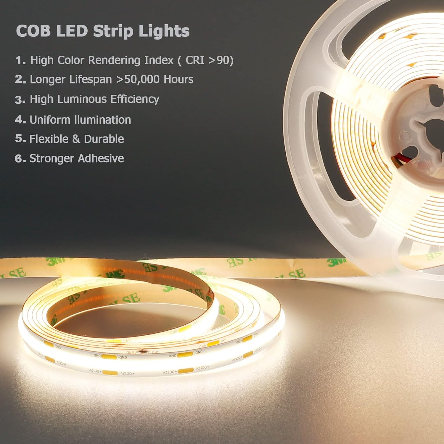 TOPAI 24V COB LED Strip 10M 5000K, Daylight White LED Strip Lights Dotless, Super Bright 7000Lm, CRI>93, 8Mm Width, Adhesive LED Tape, 384Leds/M Flexible Cuttable for Cabinet Home DIY Lighting image number 6