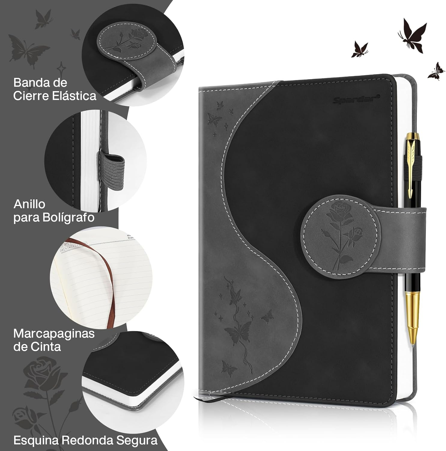 Spardar Hardcover Journal with 300 Pages, Thick Lined Notebook with 80 GSM Paper, A5 Notebook, Hardcover Notebook for Women, 5.7 X 8.4 (Black) - Black image number 4