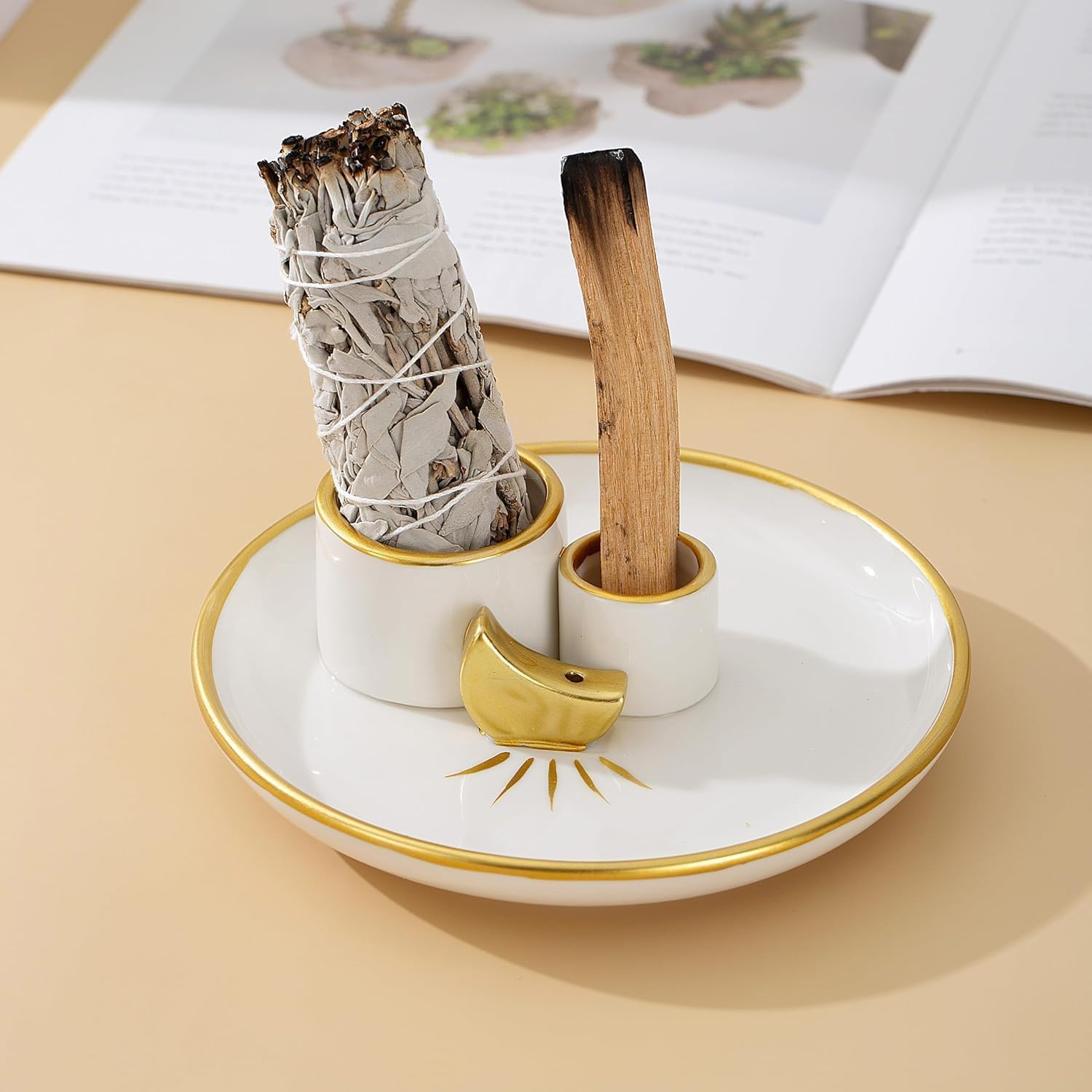 Proxima Direct 5.9 Inches 4 in 1 Incense Burner Holder, Sage and Palo Santo Holder for Burning, Candle Holder for Sticks, Ceramic Ash Catcher Tray for Meditation Yoga Room image number 6