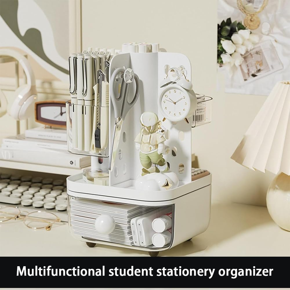 Ranqisys Rotating Desktop Organizer with Drawers &ndash; Large-Capacity Multifunctional Storage Box with Pegboard, Desk Organizer for Stationery, Markers, Brushes, Scissors, Lipsticks & Jewelry image number 5