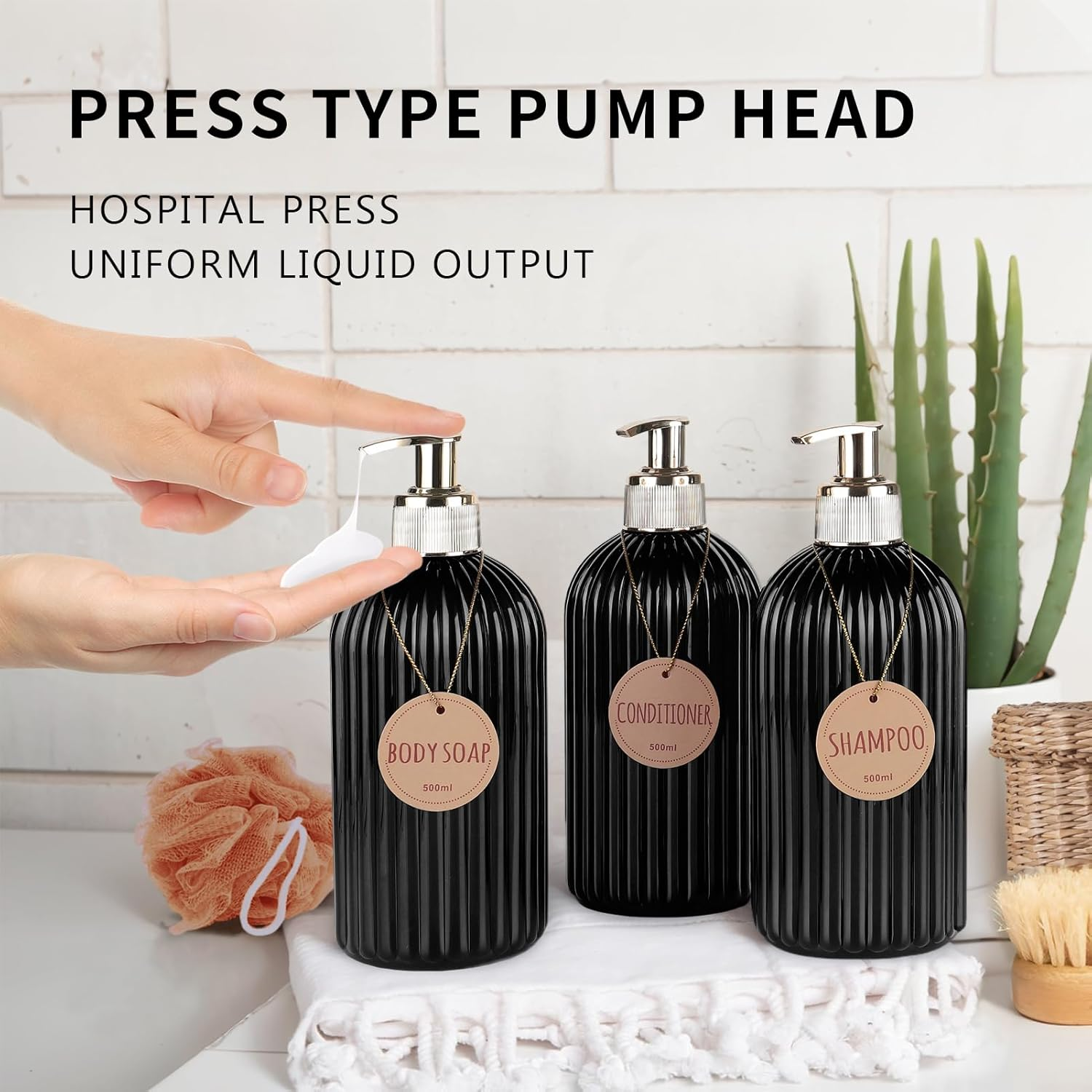 DEROANBOTT Bathroom Shampoo and Conditioner Dispenser, Reusable Plastic Bottles for Shampoo and Shower Gel, with Waterproof Labels, Soap Dispenser with Pump (Black) - Transparent image number 3