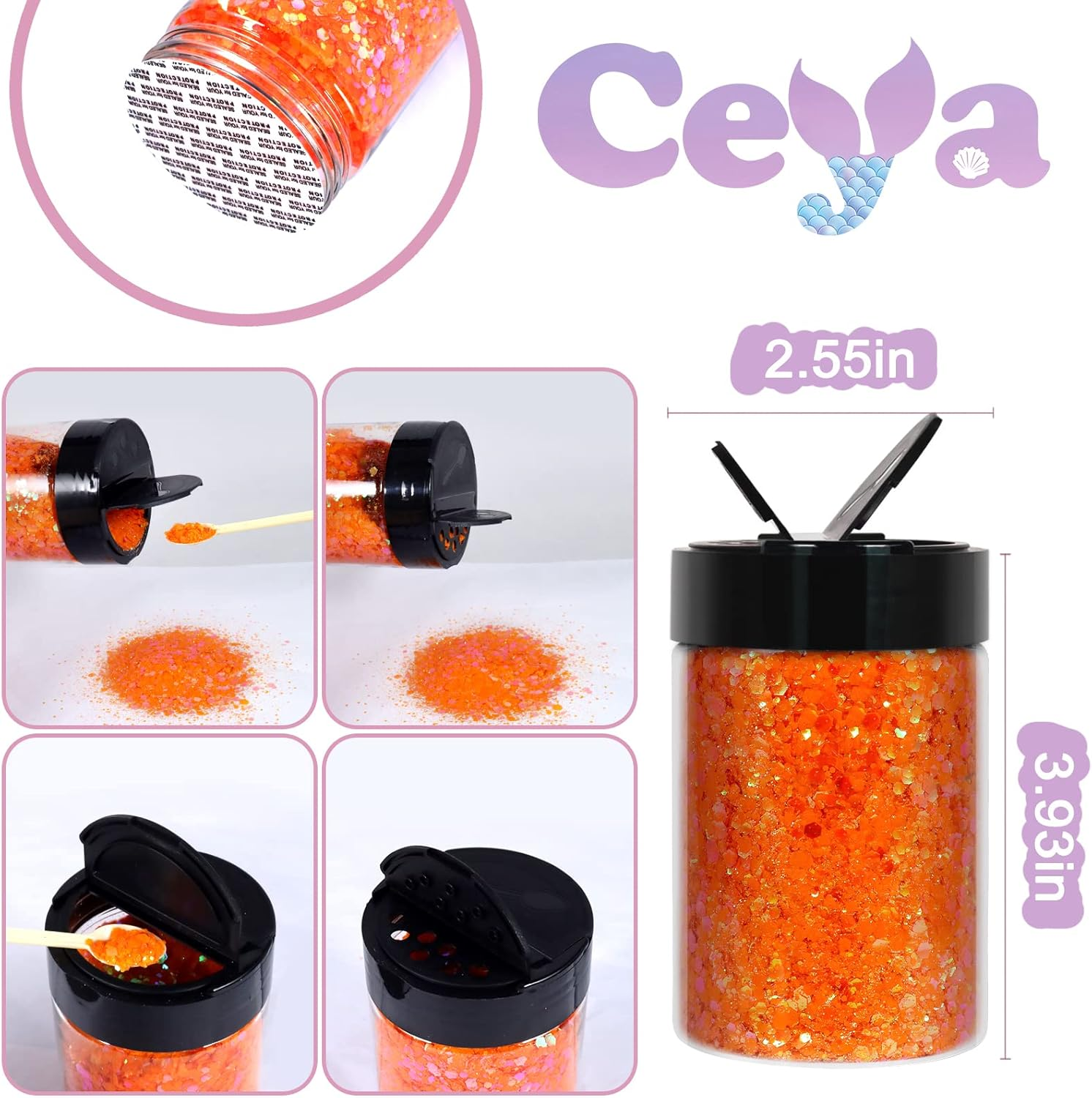 Ceya Chunky Glitter, 4.9Oz/ 140G Iridescent Orange Craft Glitter Powder Mixed Fine Flakes Iridescent Nail Sequins for Nail Art, Hair, Epoxy Resin, Tumblers, Slime, Painting, Festival Decor
