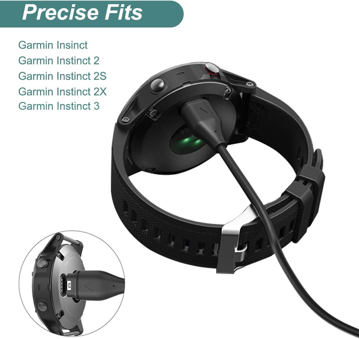 Kissmart Charger for Garmin Instinct & Instinct 2 2S 2X 3, Replacement Charging Cable Cord plus a Black Silicone Charger Port anti Dust Plug (2 Pack) image number 3