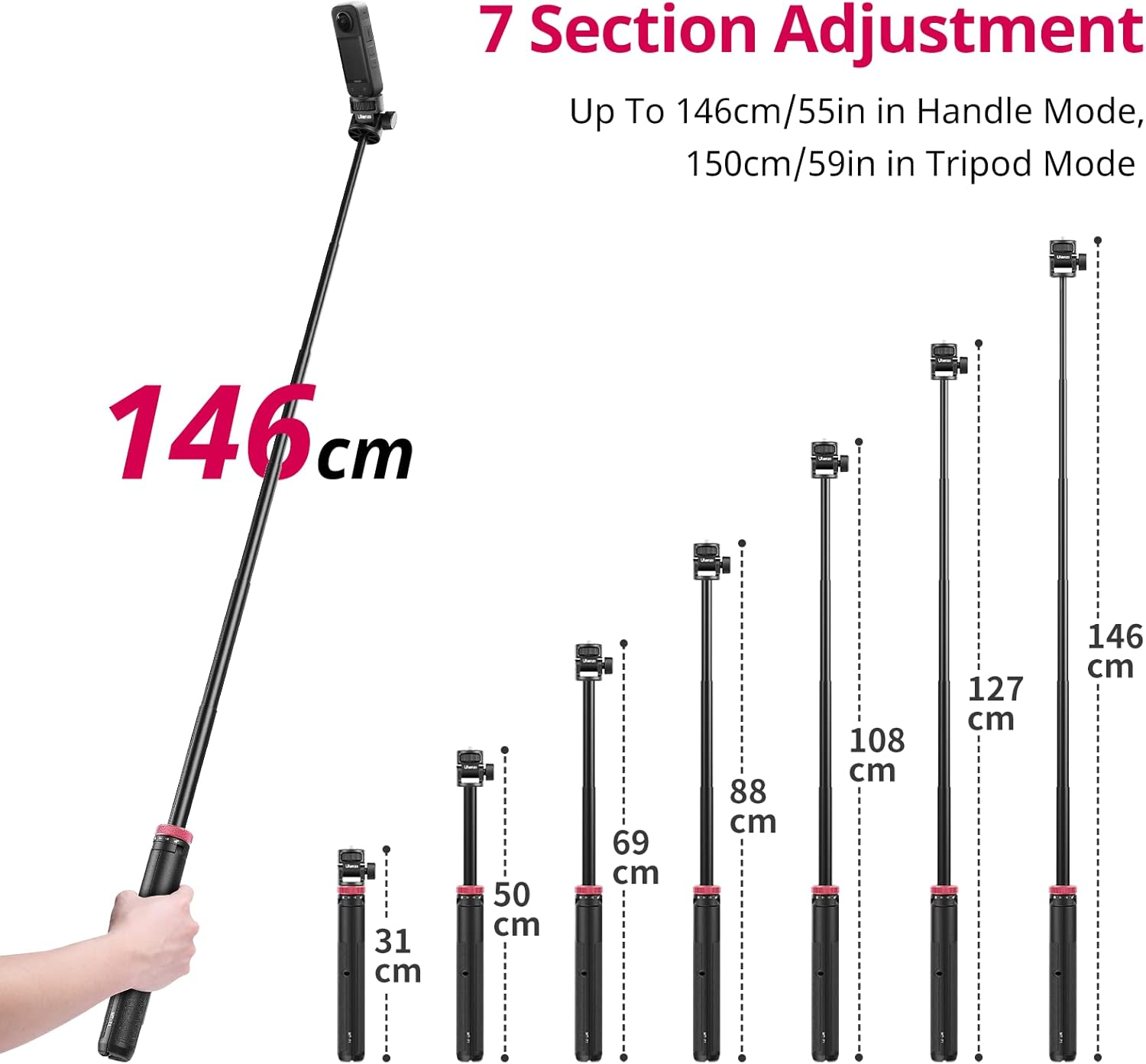 ULANZI MT-71 Tripod Selfie Stick & Vlog Handle with Magnetic Quick Release&1/4'' Screw, 150CM Extendable Lightweight Tripod Stand (7-Section) for DJI Pocket 3/Insta360 X5 X4 X3 Series/Gopro Tripod image number 2