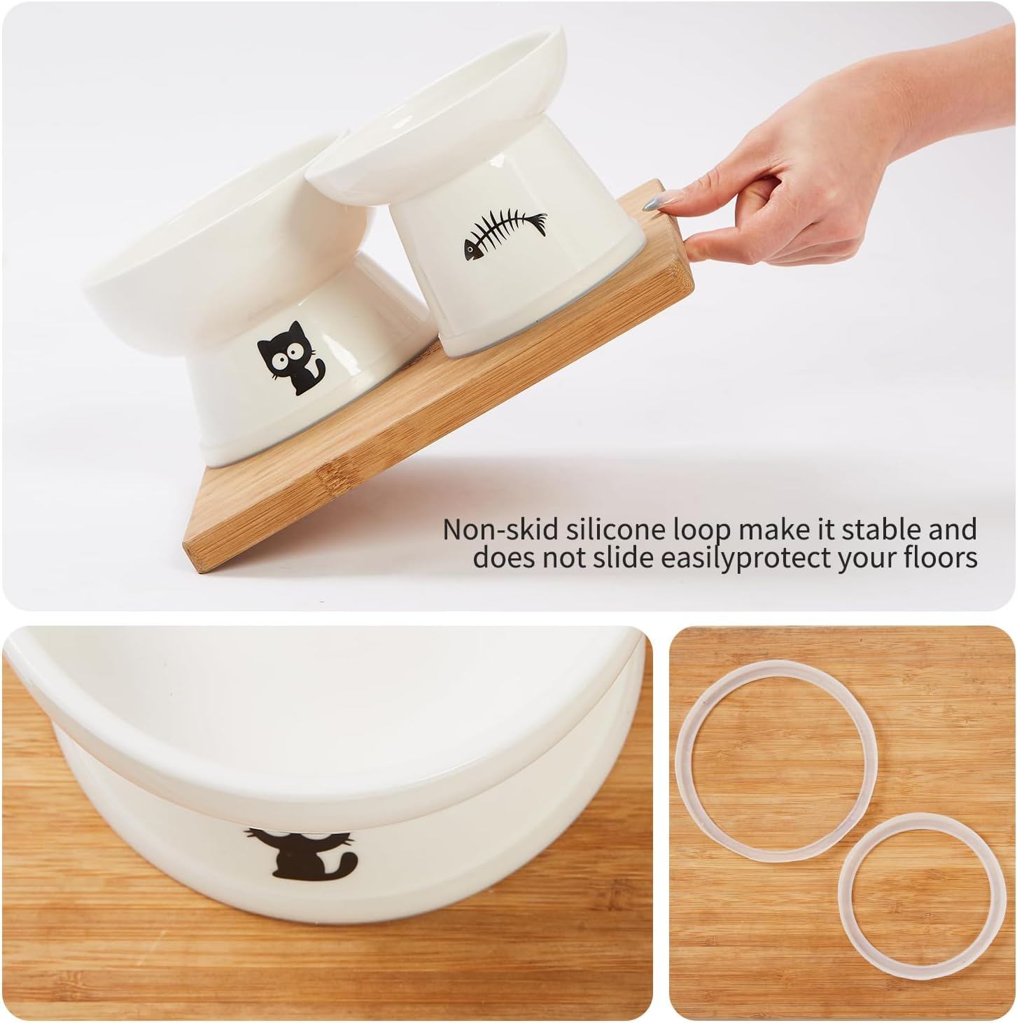 YY FOREYY Raised Cat Food and Water Bowl Set, Elevated Ceramic Cat Feeder Bowls with anti Slip Band, Porcelain Pet Dish with Stand, Stress Free, Backflow Prevention, Dishwasher Safe(Blue) image number 6