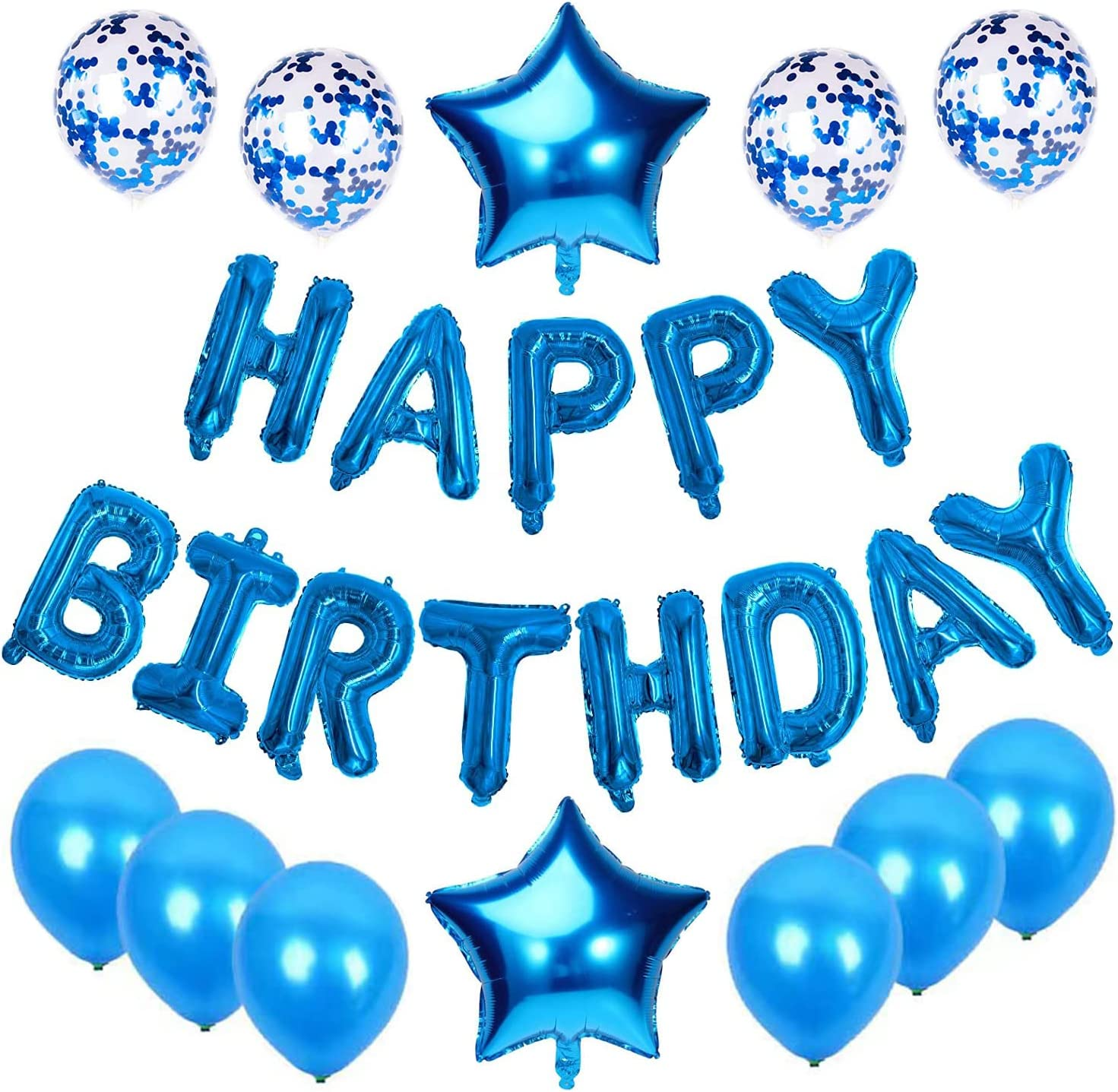 Blue Happy Birthday Balloons for Men Boy, 13PCS Letters Balloons 2 PCS Giant Star Foil Balloons 4 PCS Confetti Balloons 6 PCS Latex Balloons Birthday Party Decorations and Supplies Balloons