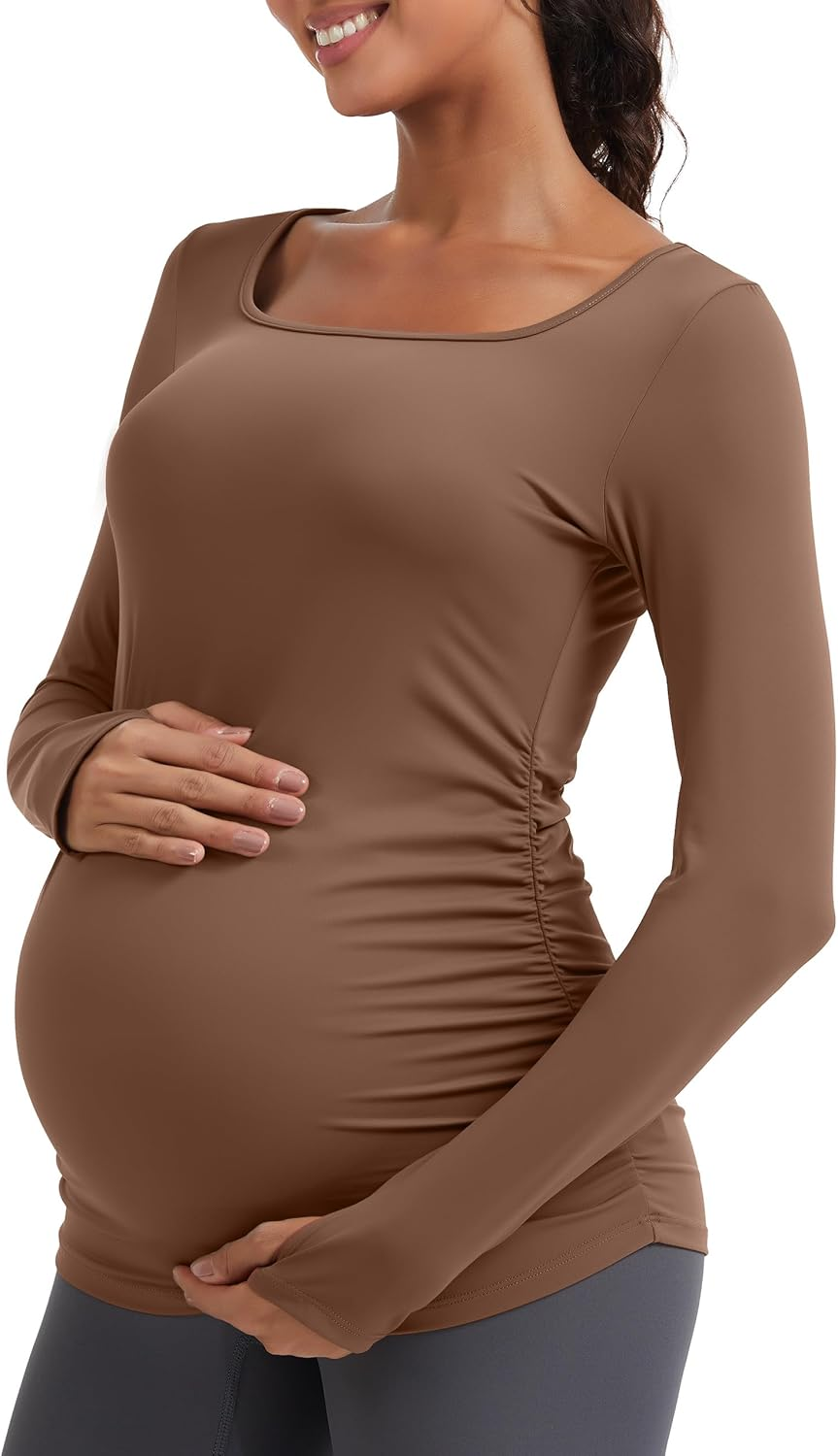 Mathcat Women'S Maternity Shirts, Long Sleeve Squar Neck Side Ruched Pregnancy Workout Tops with Thumbholes Altheltic Tee