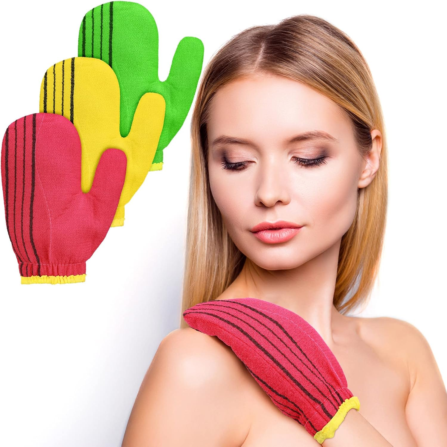 Exfoliating Washcloth 3 Pieces Korean Exfoliating Mitt Gloves Body Exfoliating Glove Face Shower Scrub Cloth Korean Body Scrub Mitt for Bath Wash Skin Deep Cleaning and Exfoliation, Red, Green, Yellow