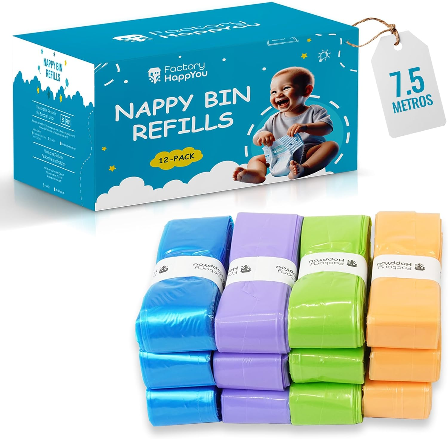 8 Pack 7.5 Metre Long Nappy Bin Refill Bags Compatible with Tommee Tippee, Sprout, Litterlocker, Angelcare, White